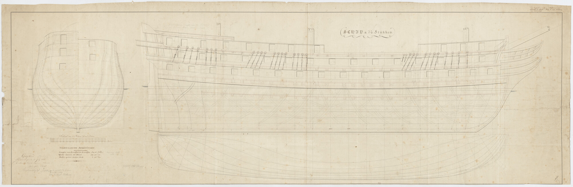 S.1214(0126); Lijnenplan van het linieschip 'Jupiter' van 74 stukken; technische tekening