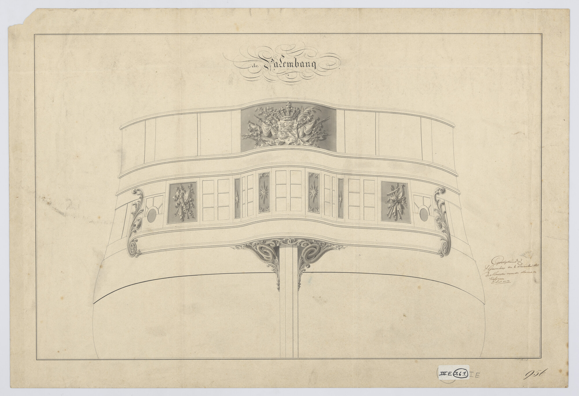 S.1214(0258); Spiegel van het fregat 'Palembang'; technische tekening