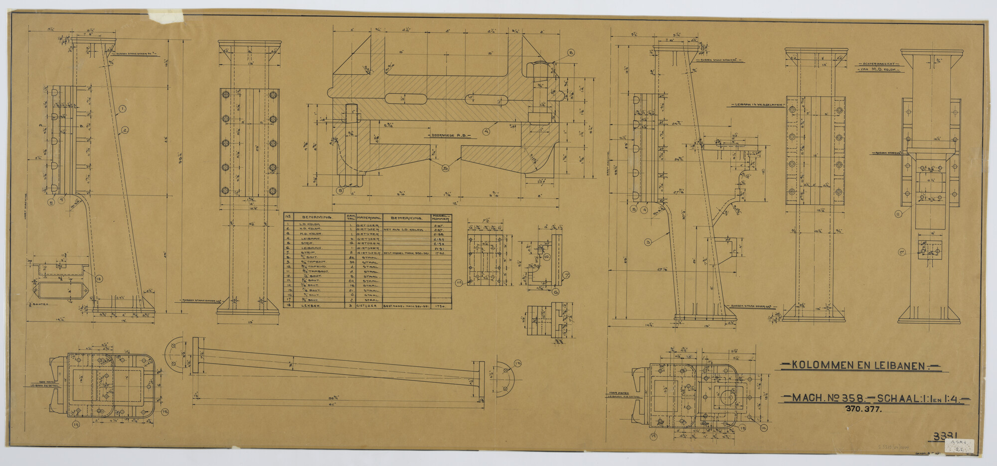 S.5219(04)0004; Kolommen en leibanen van machine nr 358, 370, 377; technische tekening