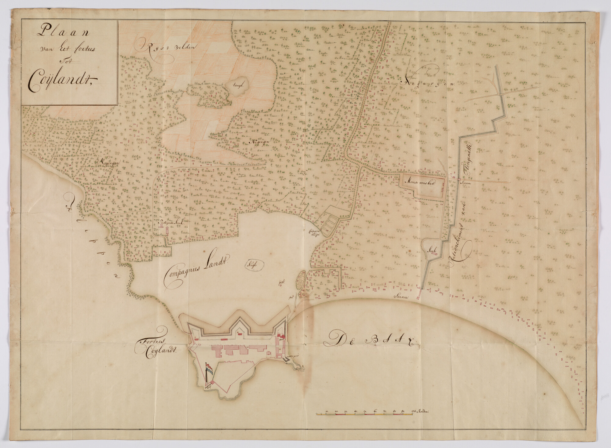 A.2444(06); Gekleurde handschriftkaart van fort Coijlandt in Malabar; landkaart