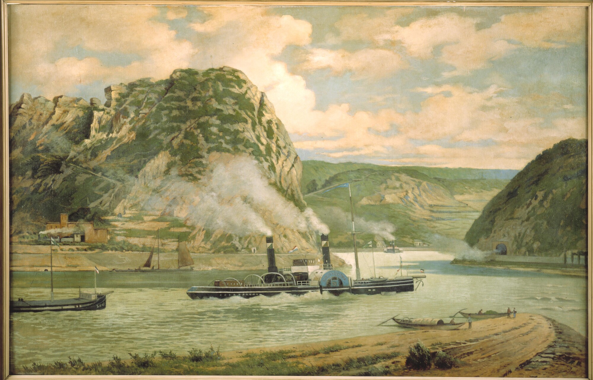1989.0121; Het raderstoomschip Koningin Wilhelmina op de Rijn ter hoogte van de Lorelei; schilderij