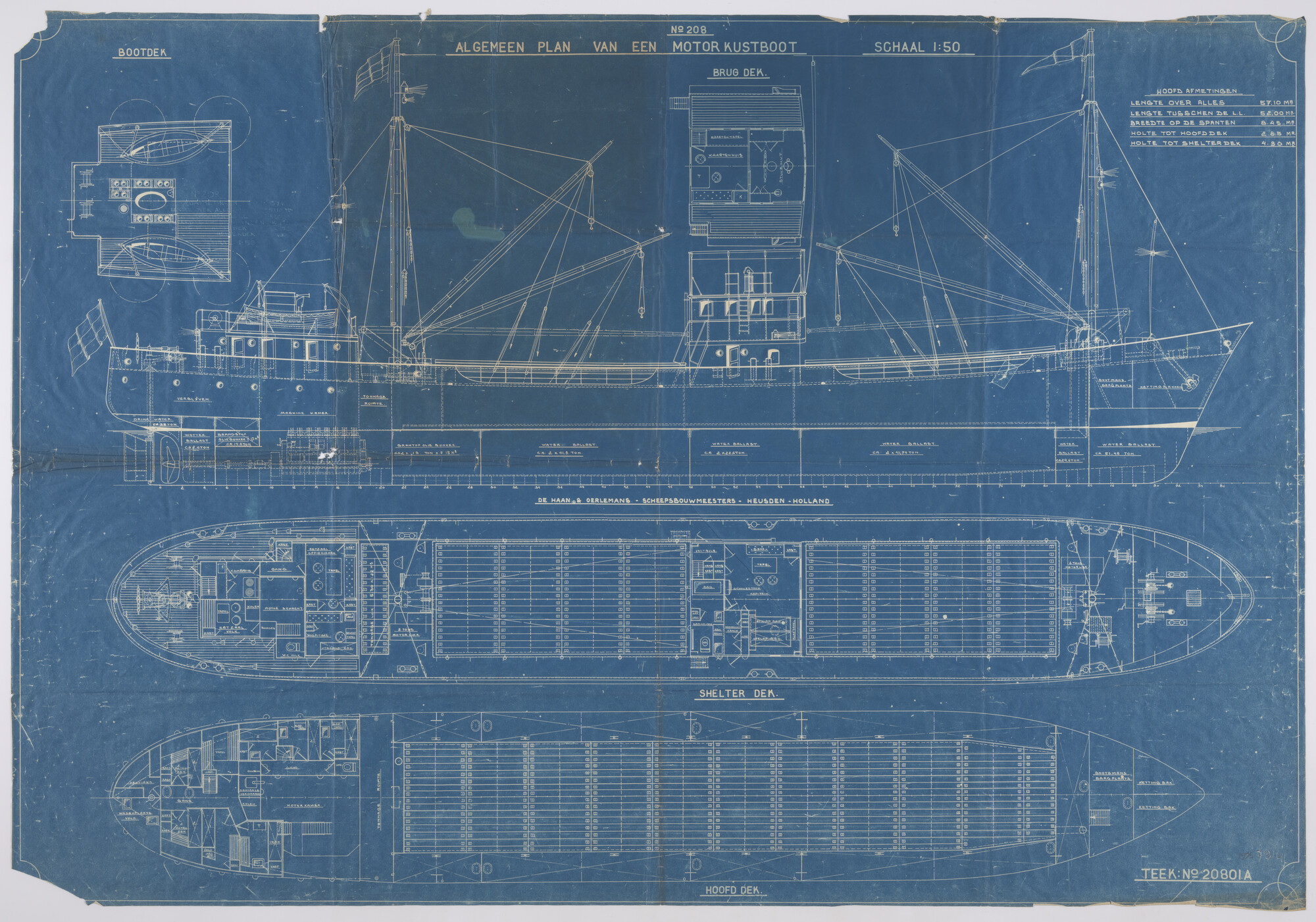 1995.7314; Algemeen plan (1:50) van de coaster ms. Karanan van W. in t Veld te [...]; technische tekening