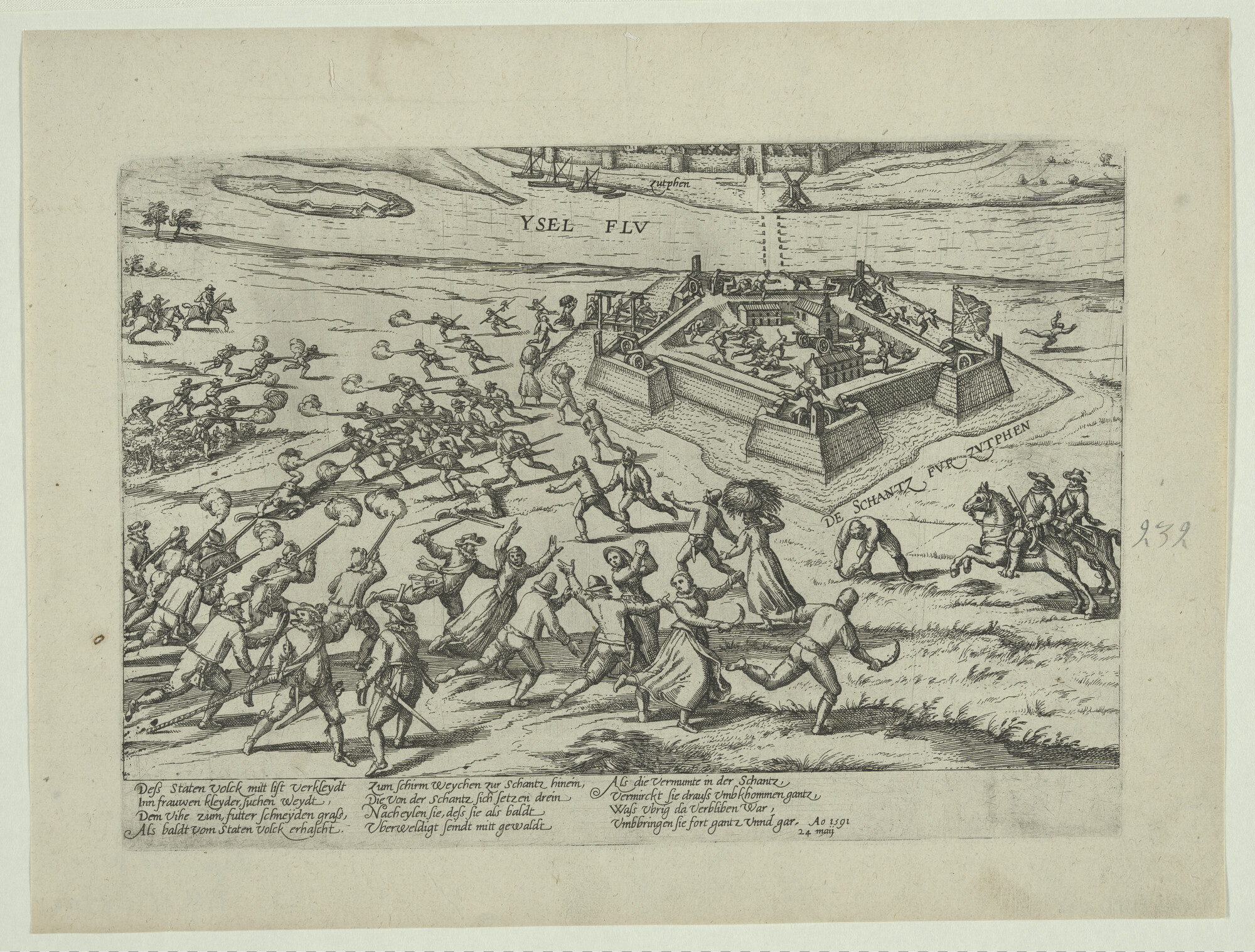 A.0145(027)293; 'De Staatsen in vrouwenkleren zoeken Zutphen te verrassen', 24 mei 1591; prent