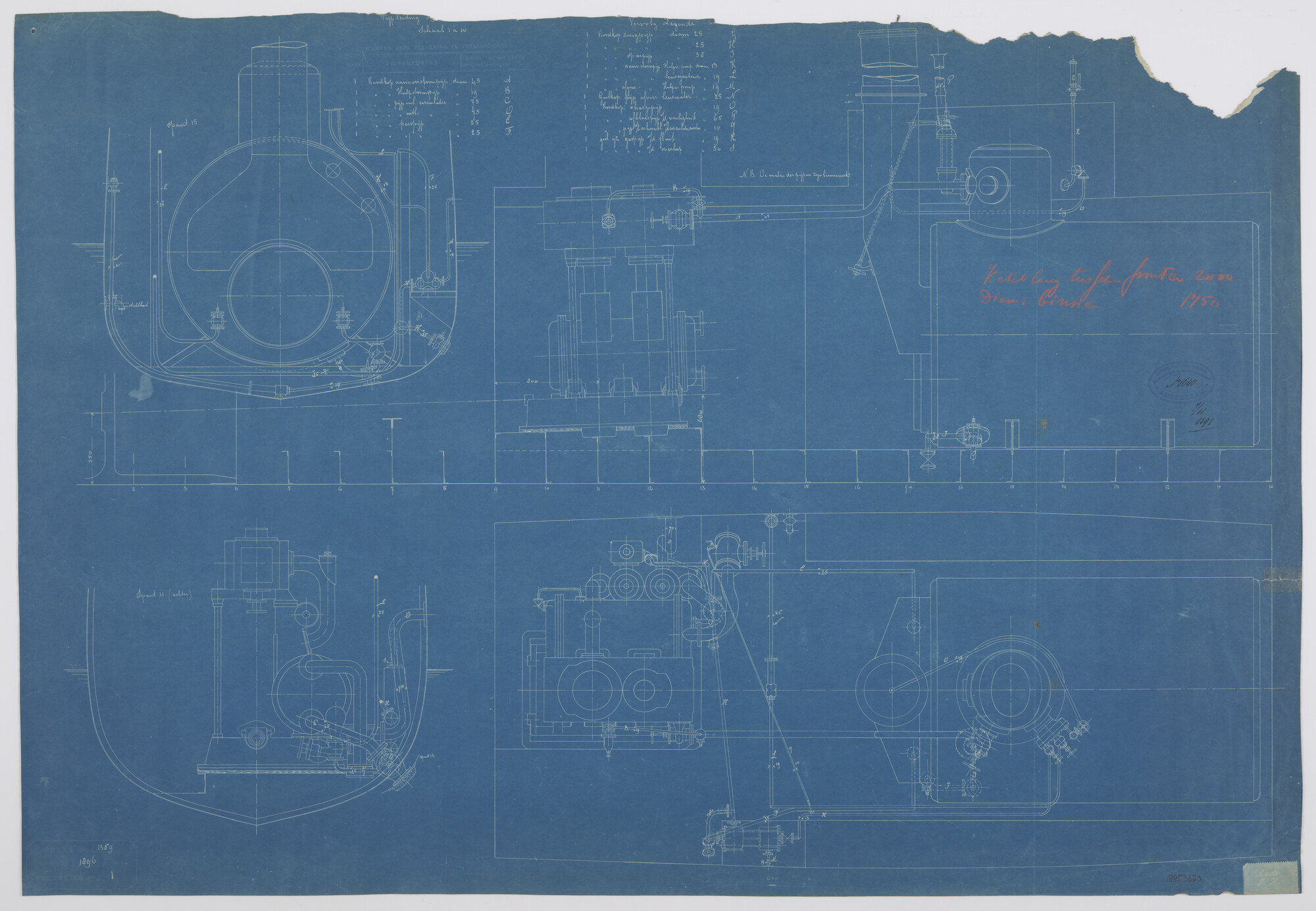 1995.3670; Pijpleidingen in een directieboot voor de Nederlandsche Fabriek van [...]; technische tekening