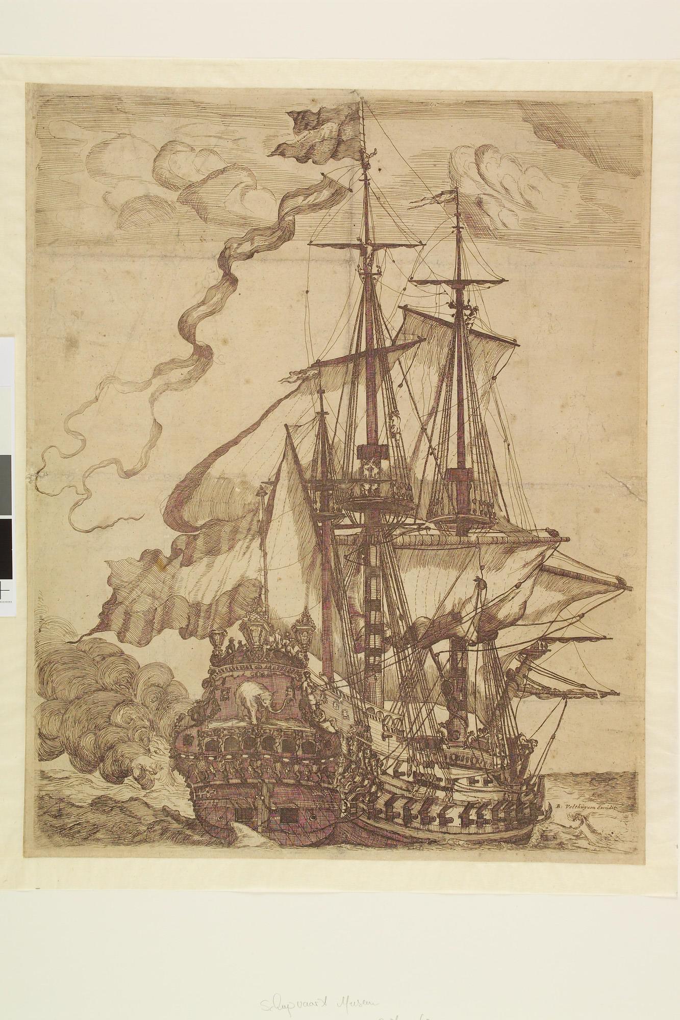 A.0149(0217); Een bewapende koopvaarder of oorlogsschip met op de spiegel een olifant; prent