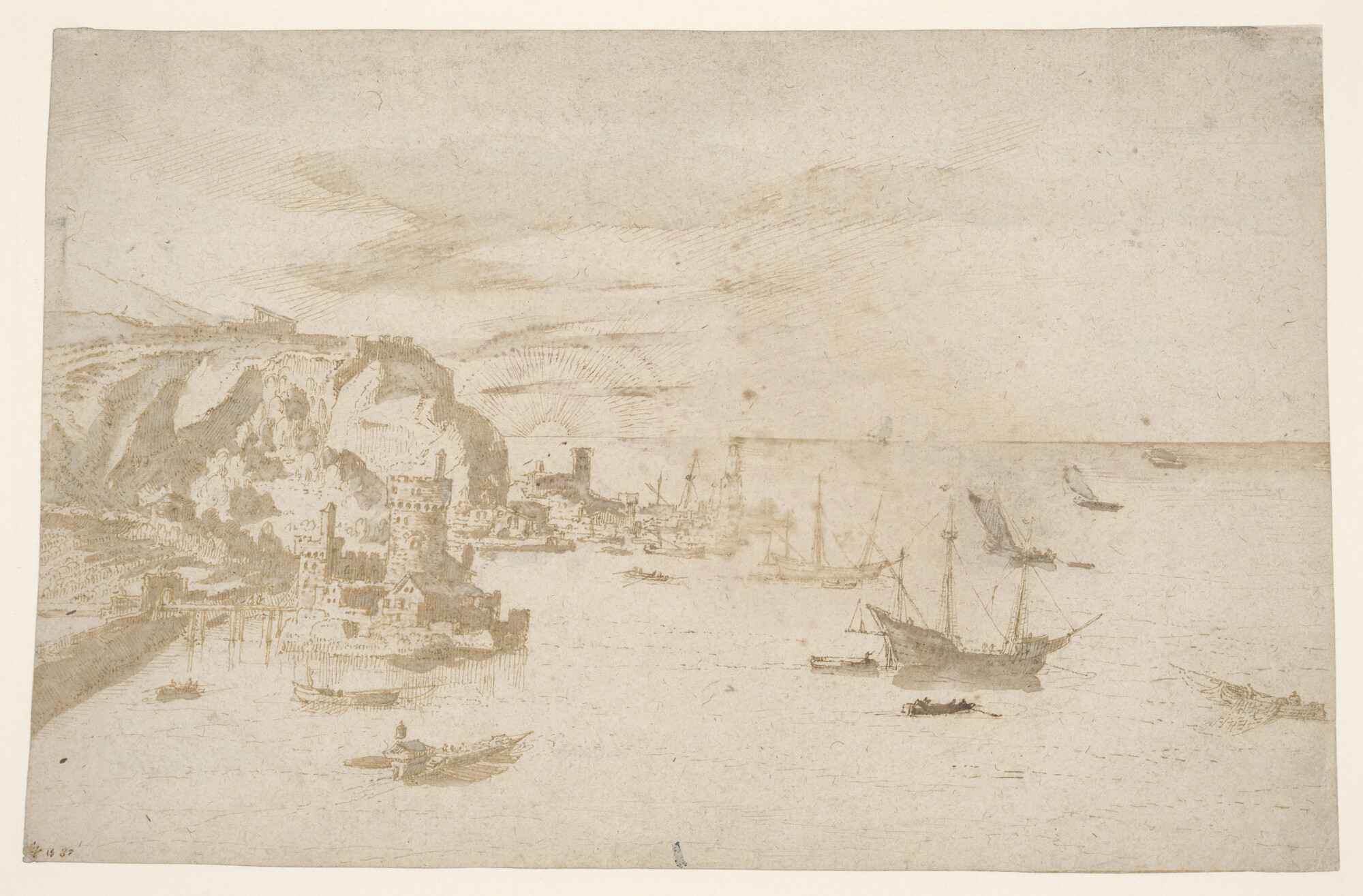 A.0149(0120); Een rede met een versterkte stad in het Middellandse Zeegebied; tekening