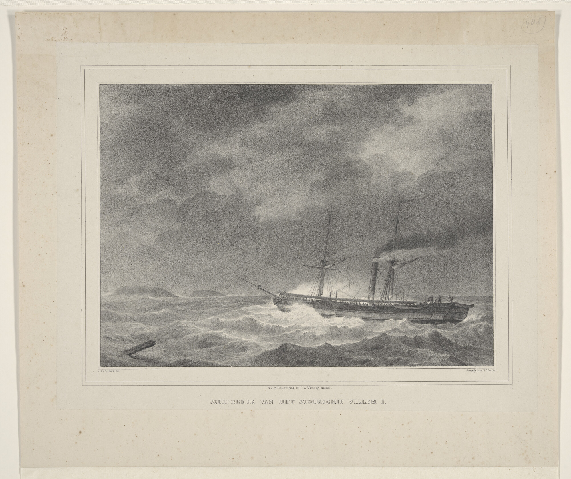 A.3033(04); De schipbreuk van het stoomschip 'Willem I'; prent