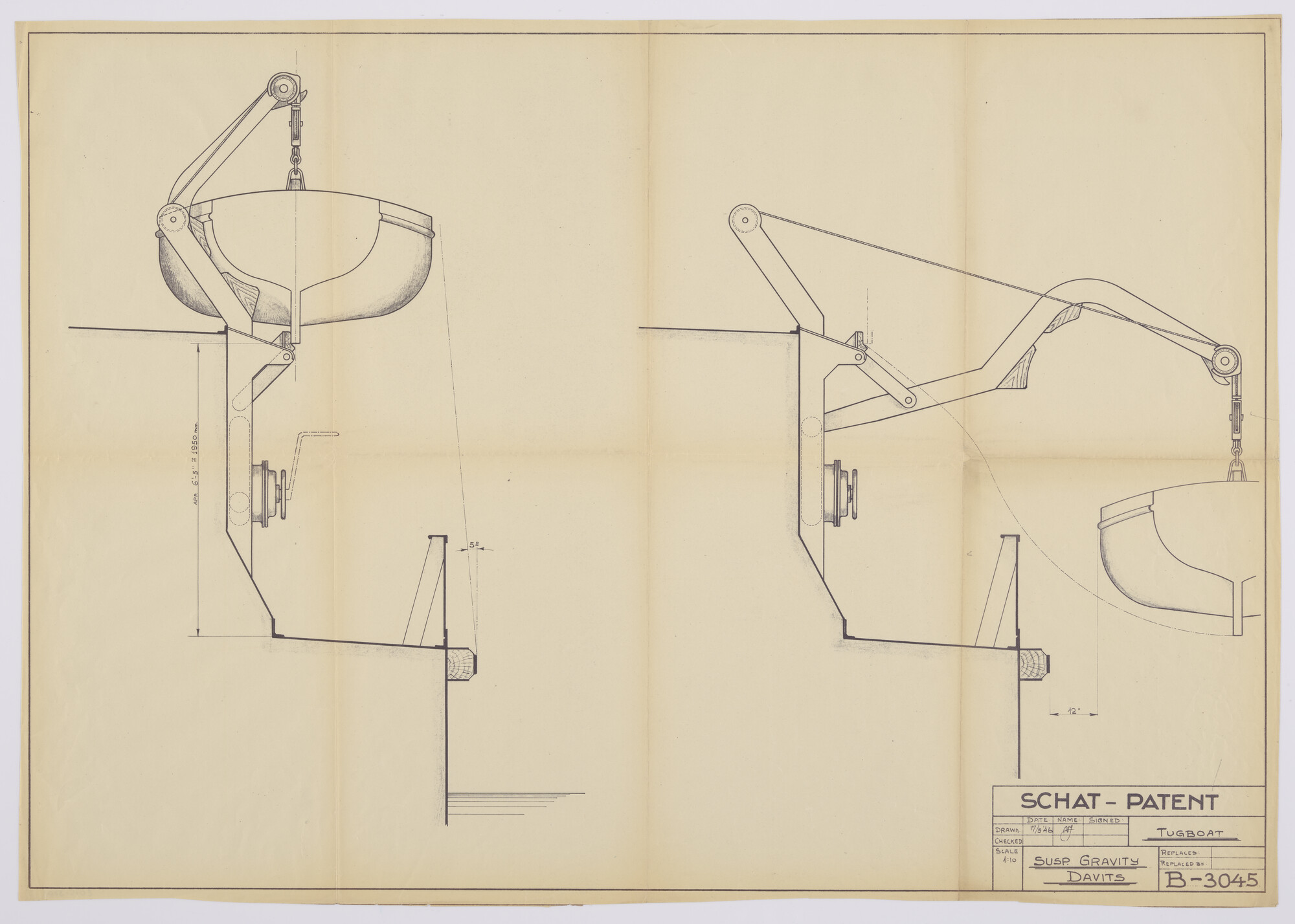 2015.5202; Suspended Gravity Davits (zwaartekracht davit) Schat-Patent aan boord sleepboot; technische tekening