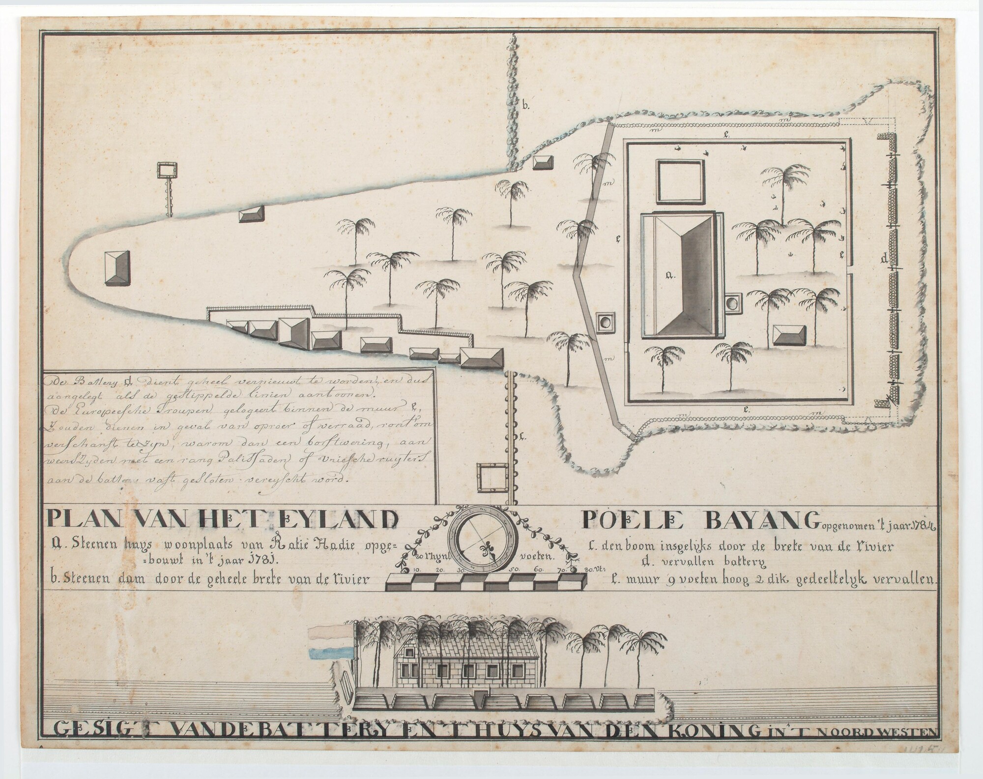 S.1277 [nr 0026]; Manuscriptkaart van het eiland Poele Bayang: plattegrond van de batterij en het huis van de koning; tekening