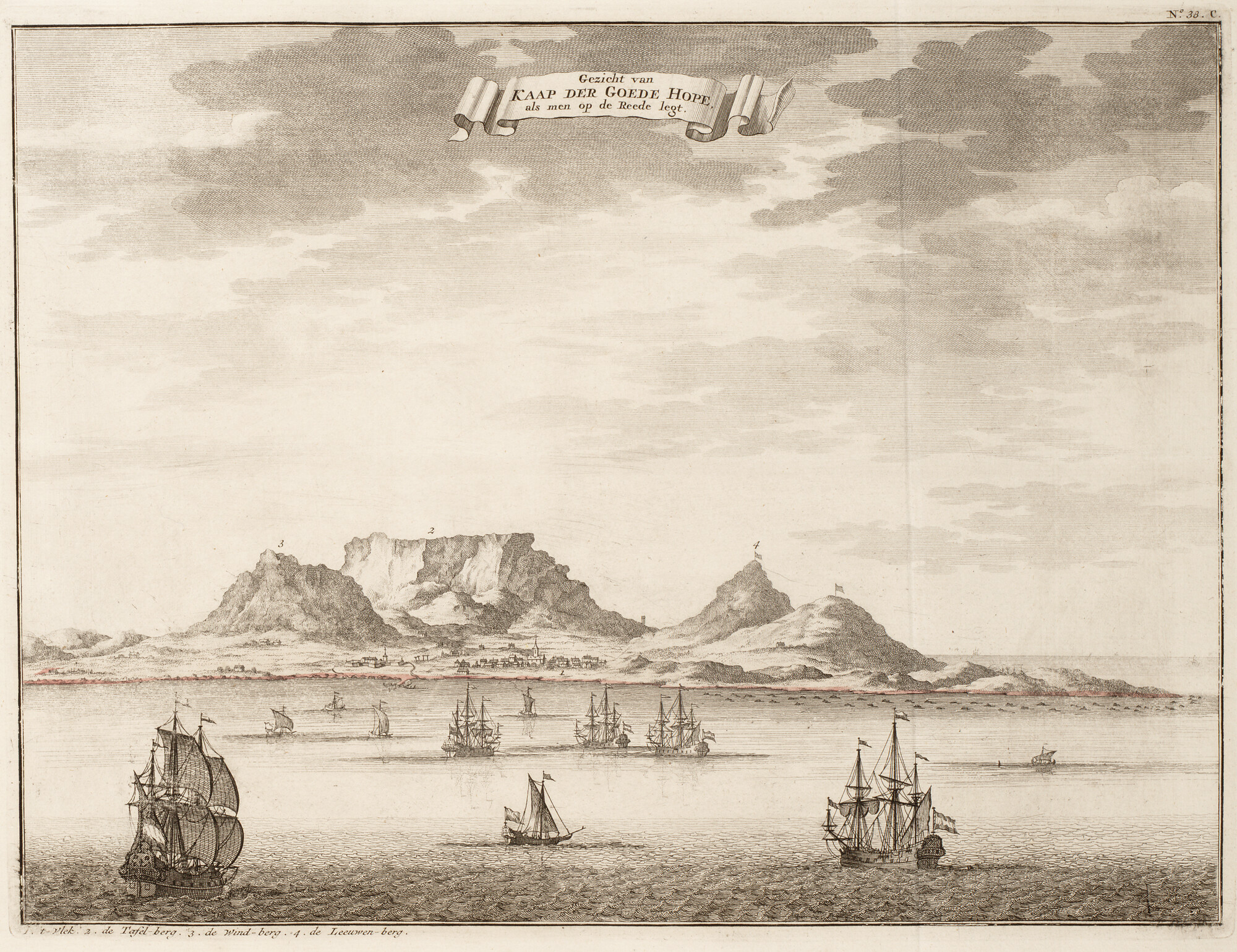 B.0032(109)6 [kaart 009]; Gezicht op Kaapstad, met de Tafelberg uit Oud en Nieuw Oost Indië van; prent