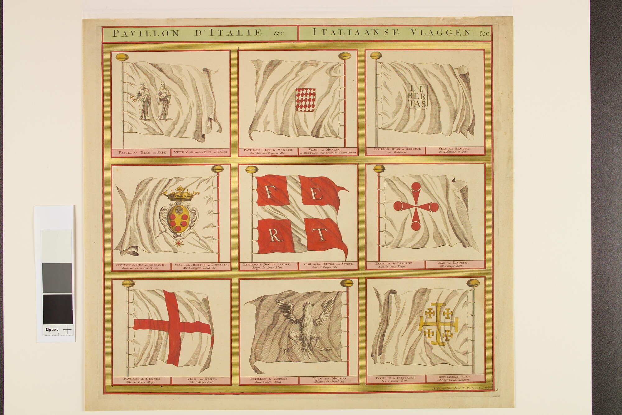 A.0386(03)08; Vlaggenkaart met 9 vlaggen uit een serie van 12 bladen; prent