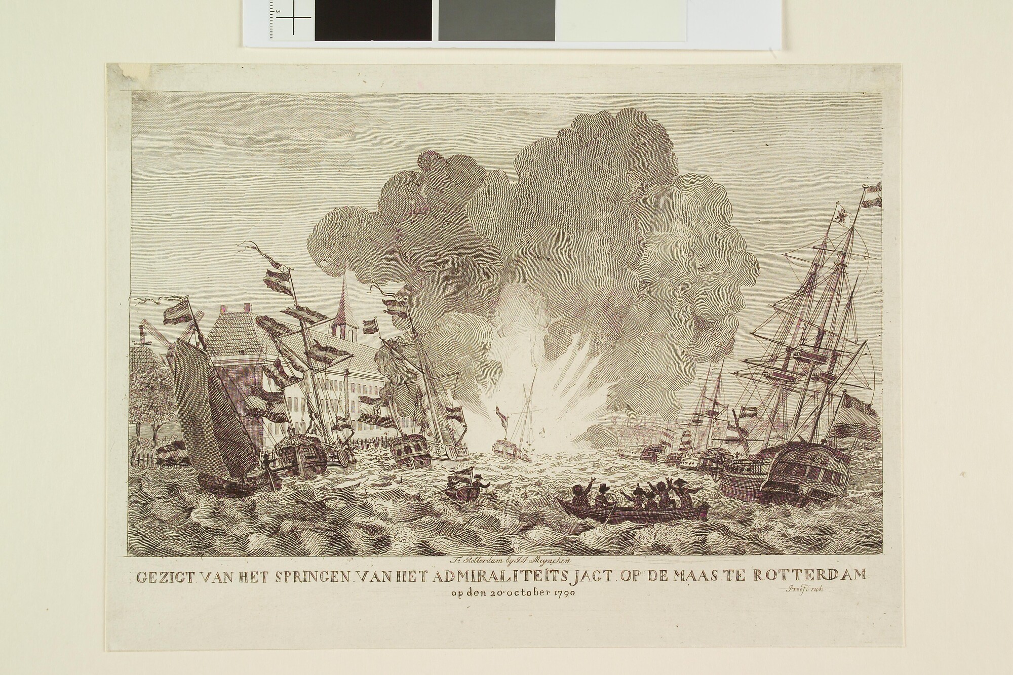 A.5616(01); Het in de lucht vliegen van het Rotterdamse admiraliteitsjacht op de Maas te Rotterdam, voor het Admiraliteitsmagazijn, 20 oktober 1790; prent