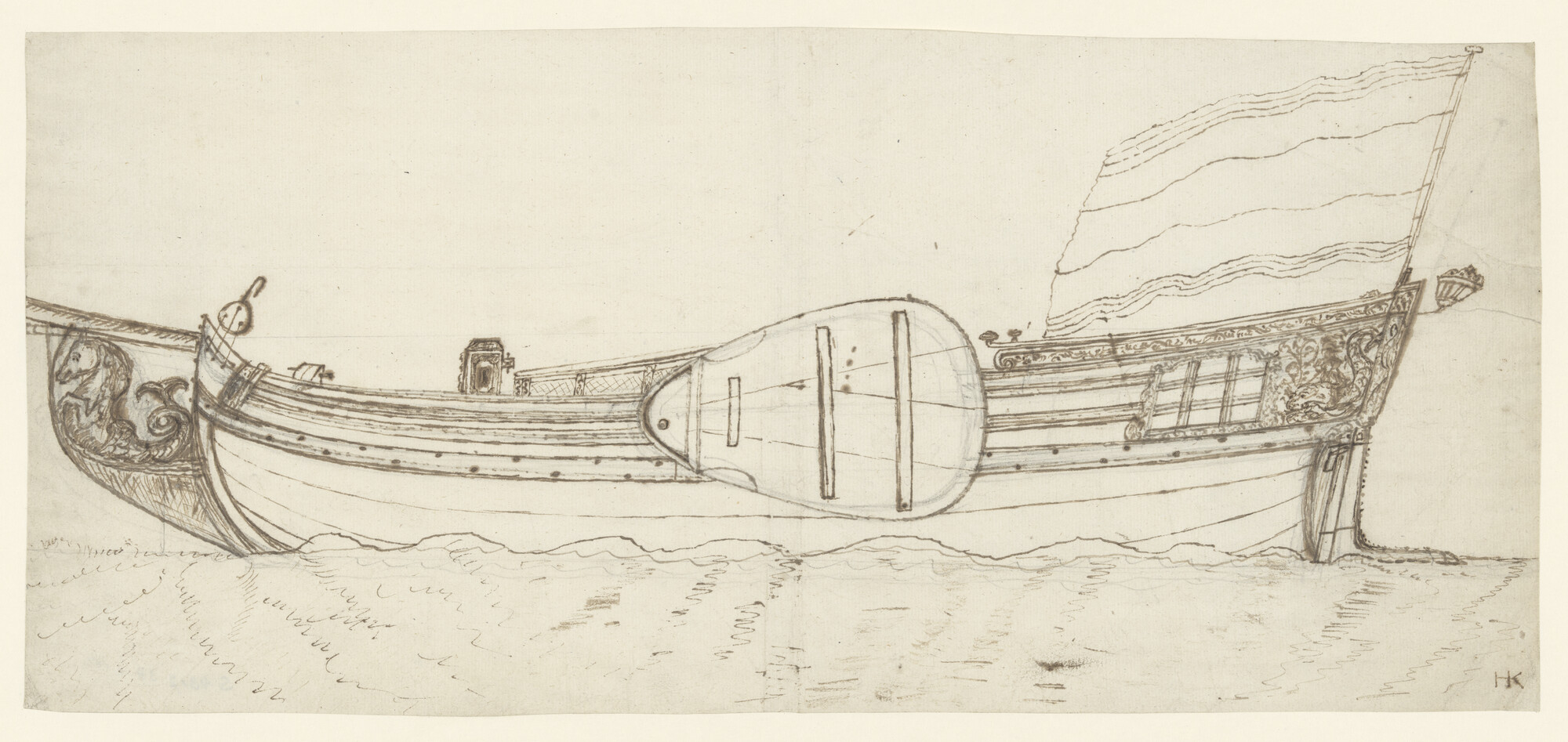 S.4317(38)a15; De romp van een paviljoenjacht; tekening