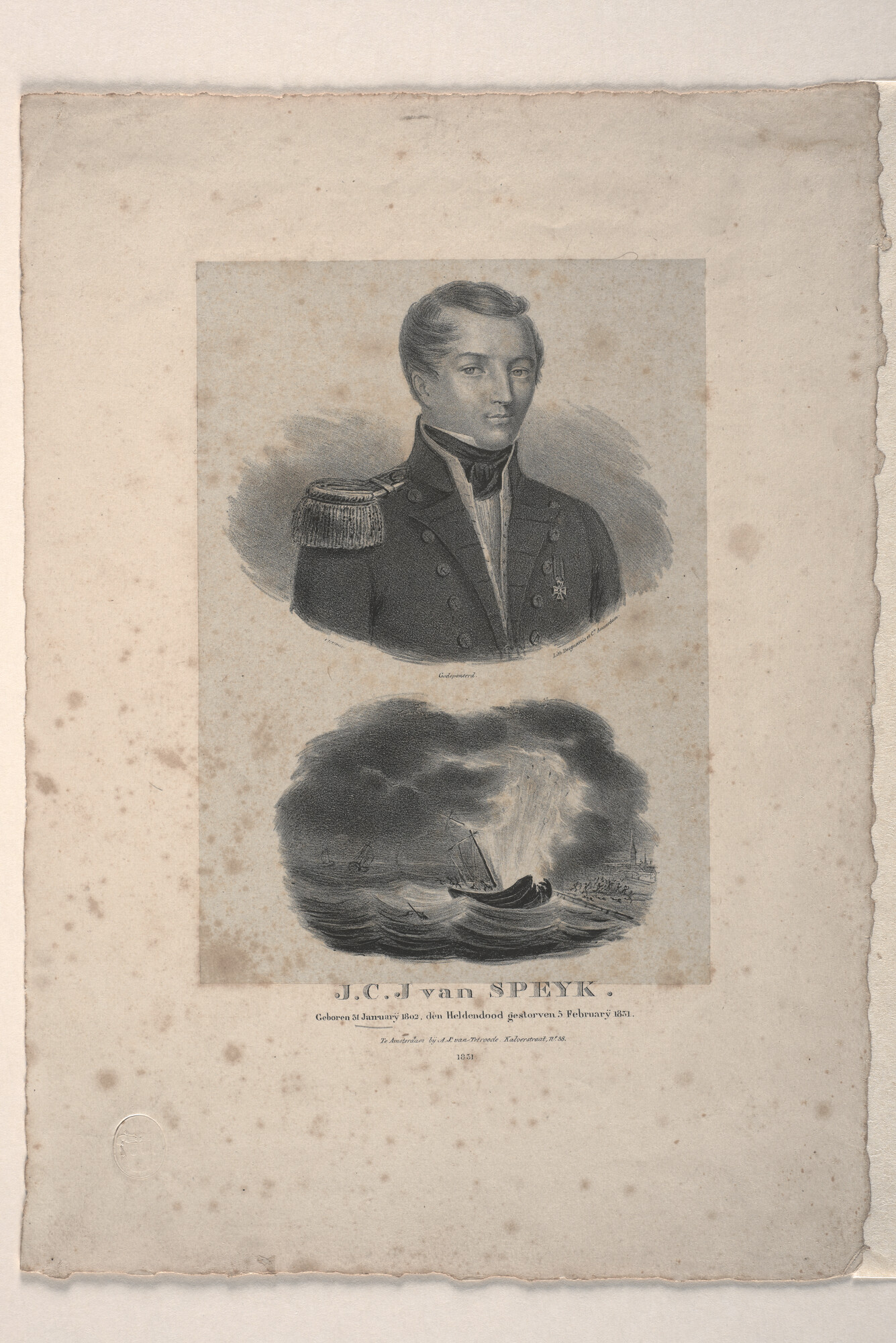 A.0964(01)41; Portret van Van Speyk en de ontploffing van zijn schip; prent