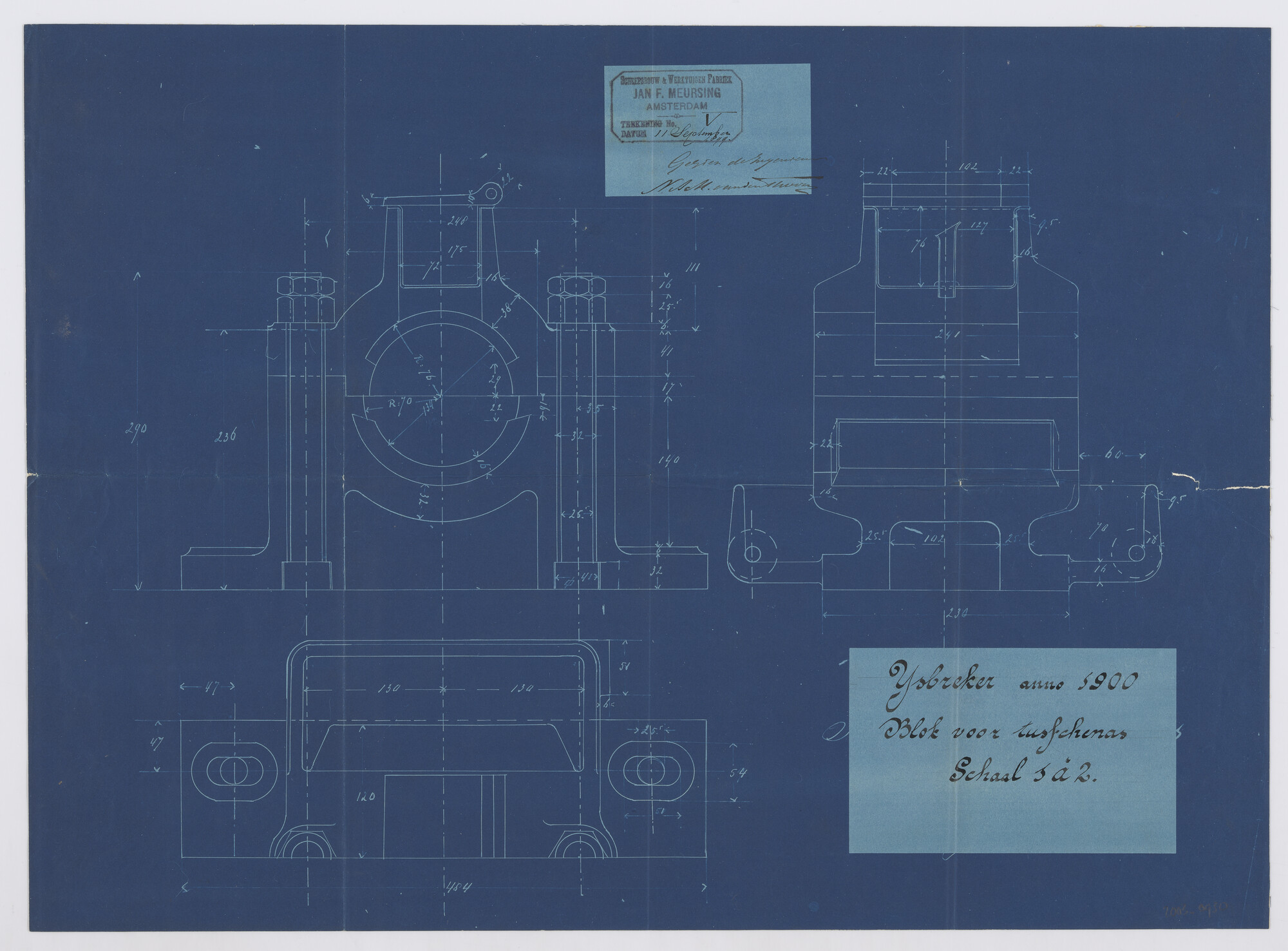 2003.0930; Constructietekening van het blok voor de tussenas van de machine van de ijsbreker ss. Christiaan Brunings; constructietekening