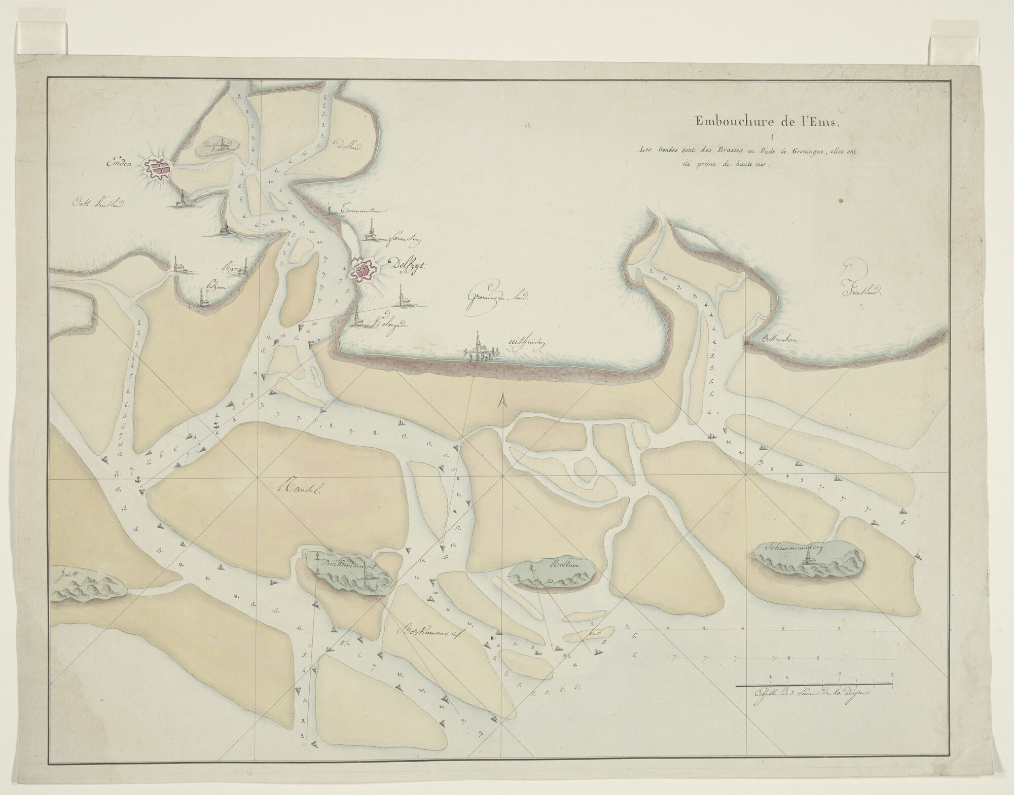 2023.0009; Zeekaart in handschrift van de Waddenzee met de monding van de Eems, met o.a. Delfzijl en Emden; kaart