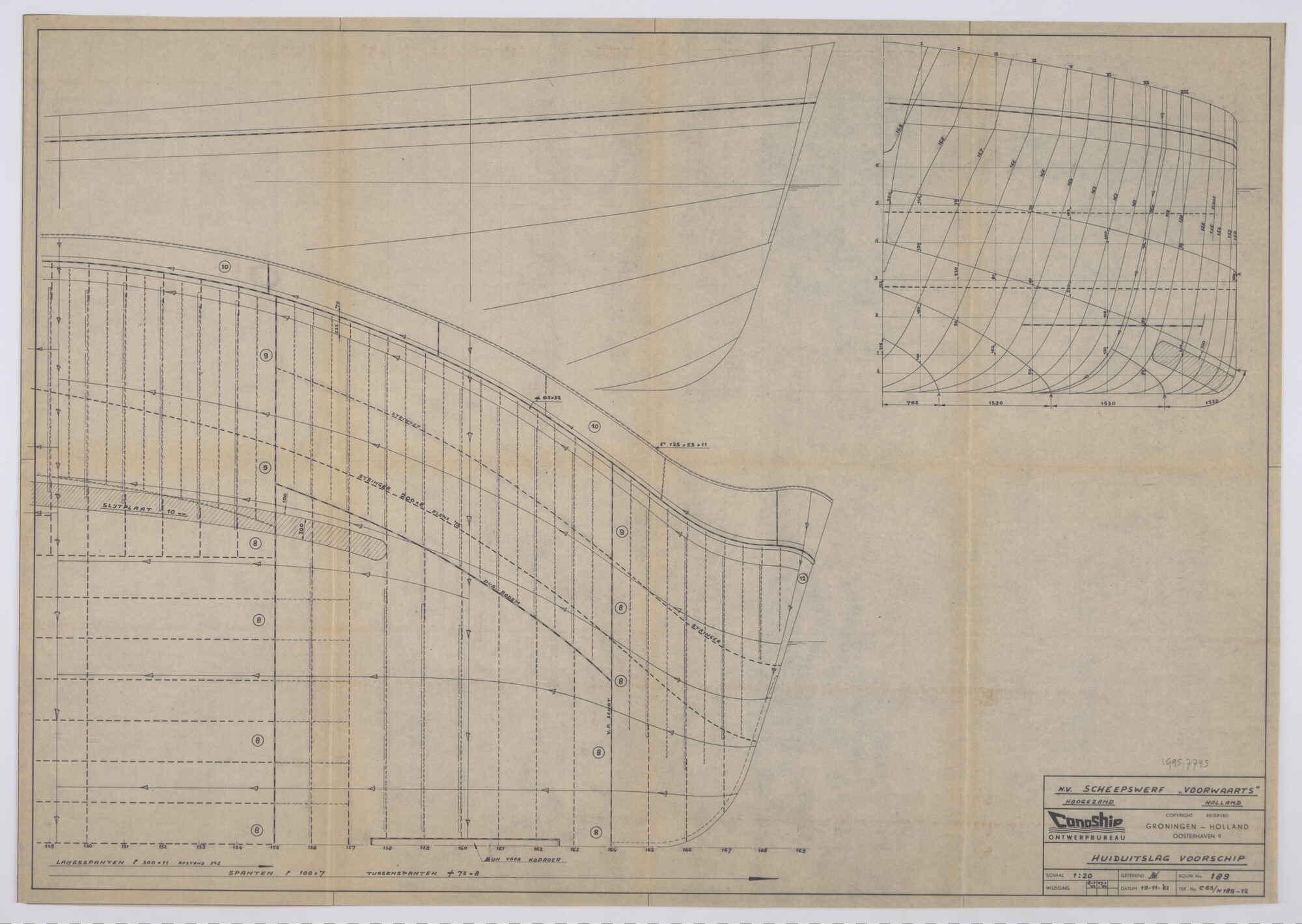 1995.7745; Huiduitslagtekening (1:20) van het binnenvaartschip (Rijn-Herne Kanaalschip) 'Don Bosco' van Koppelaars [...]; technische tekening