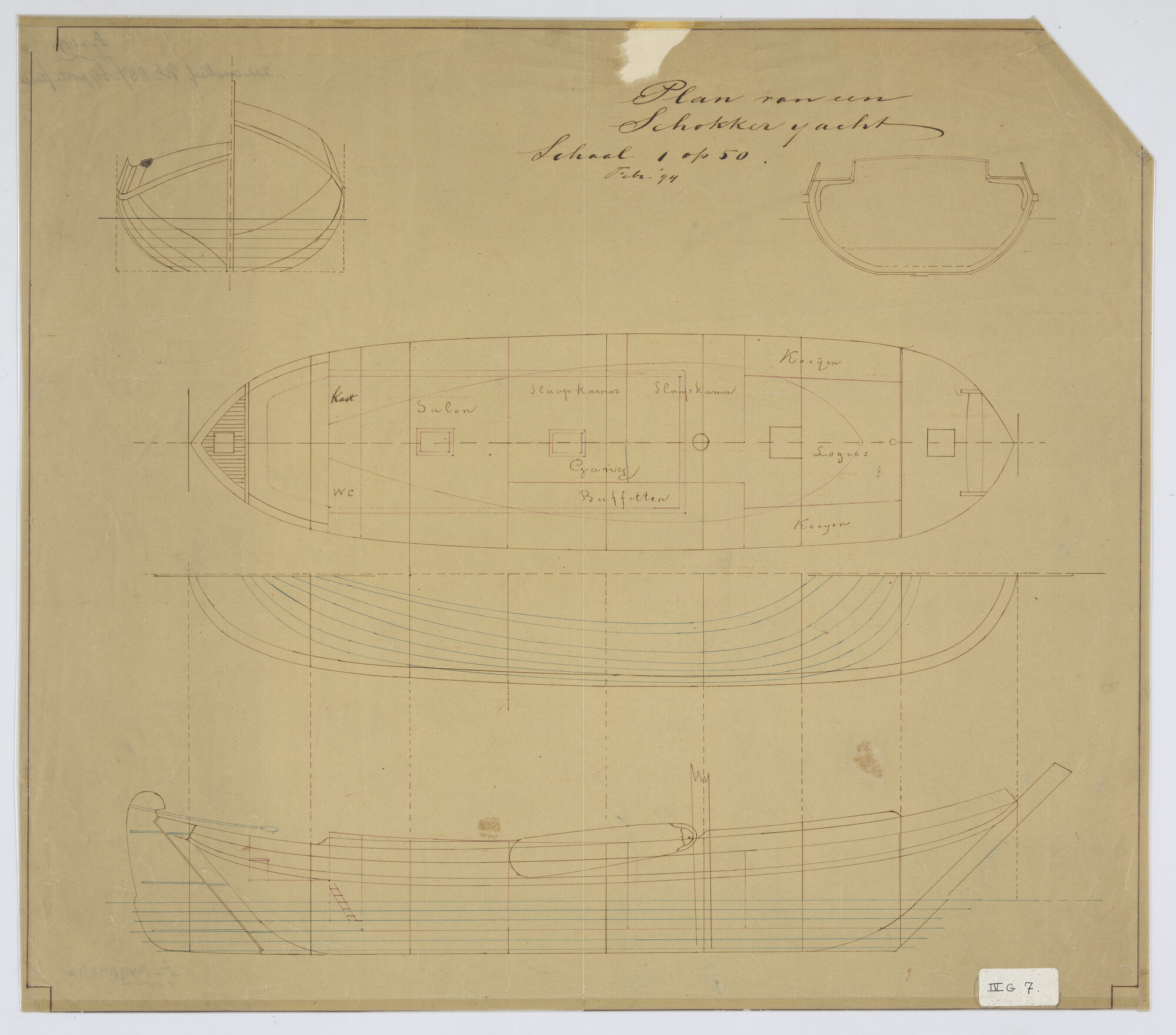 A.0149(0973); Zij-, boven-, voor- en achteraanzicht, grootspant, waterlijnen, Betimmering benedendeks; technische tekening