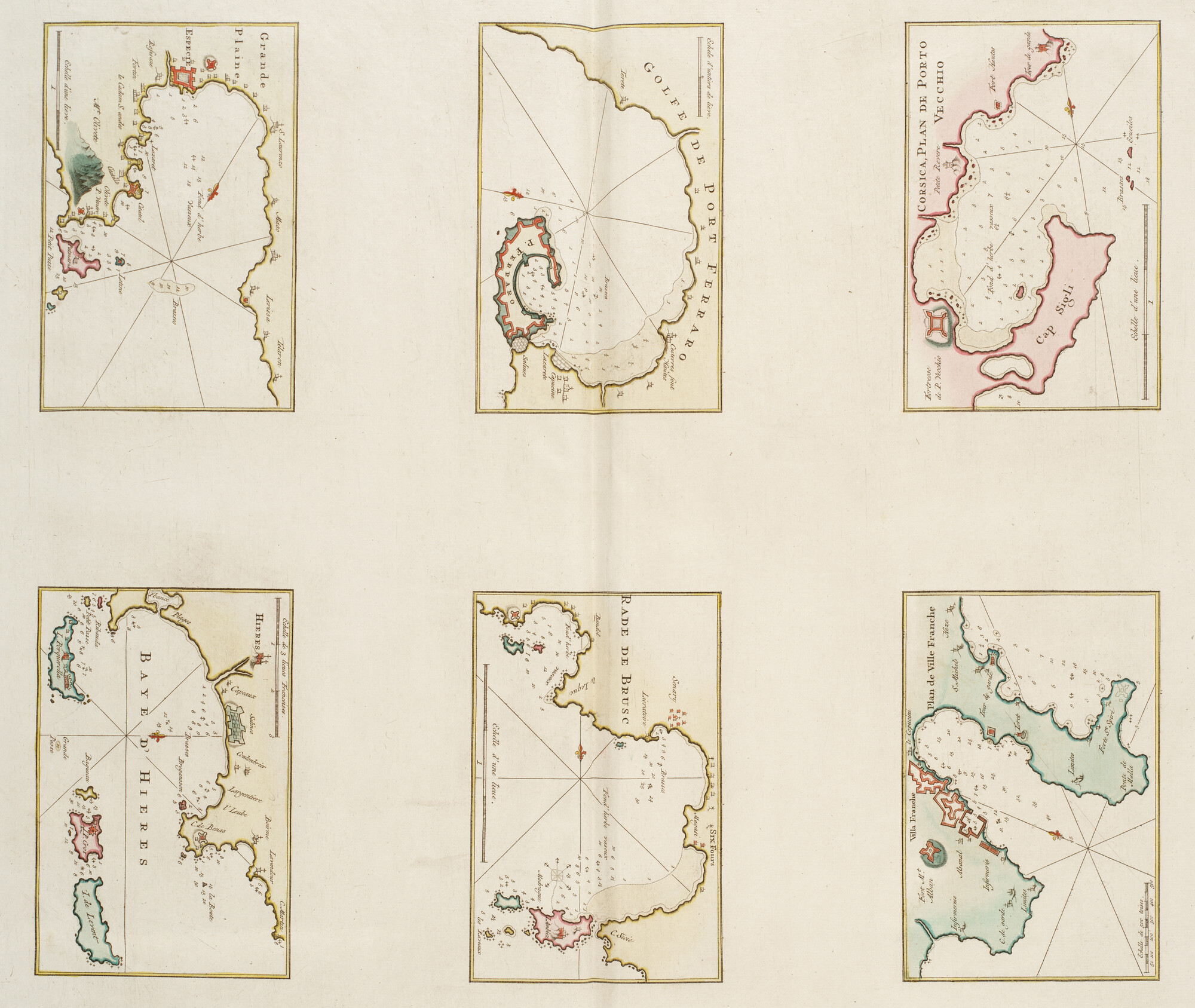 B.0032(109)2 [kaart 114]; Blad met 6  kaartjes van havens en reden aan Franse en Italiaanse kust van de; kaart