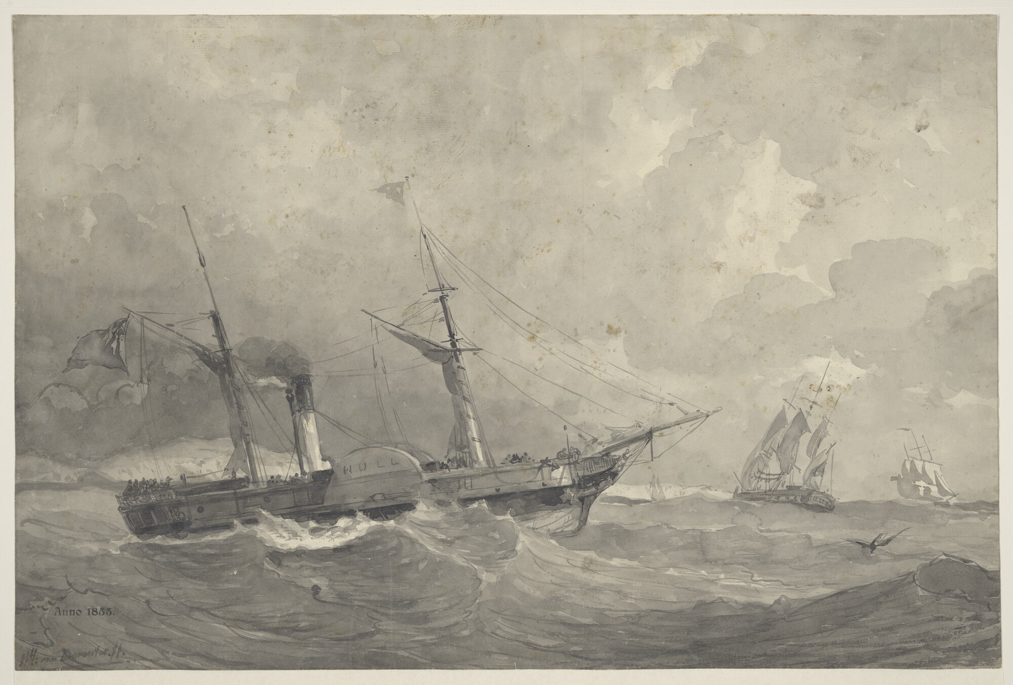 S.1156(08)05; Een Engels raderstoomschip onder stoom in ruwe zee, gezien vanaf SB; tekening