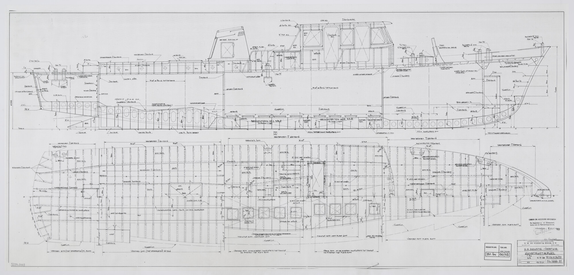 2013.0552; Constructieplan van het douane-patrouilleschip Alexander Gogel van 25.60 meter; technische tekening