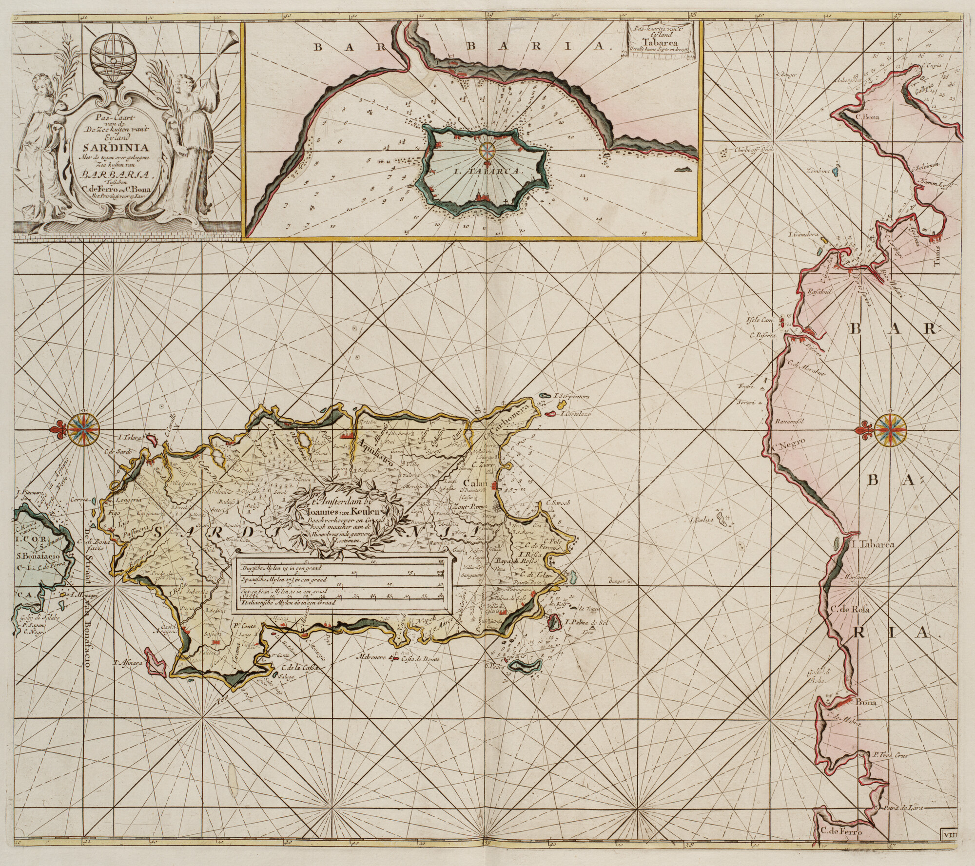 B.0032(109)3 [kaart 018]; Zeekaart van het eiland Sardinië en een deel van de kust van Noord-Afrika met; zeekaart