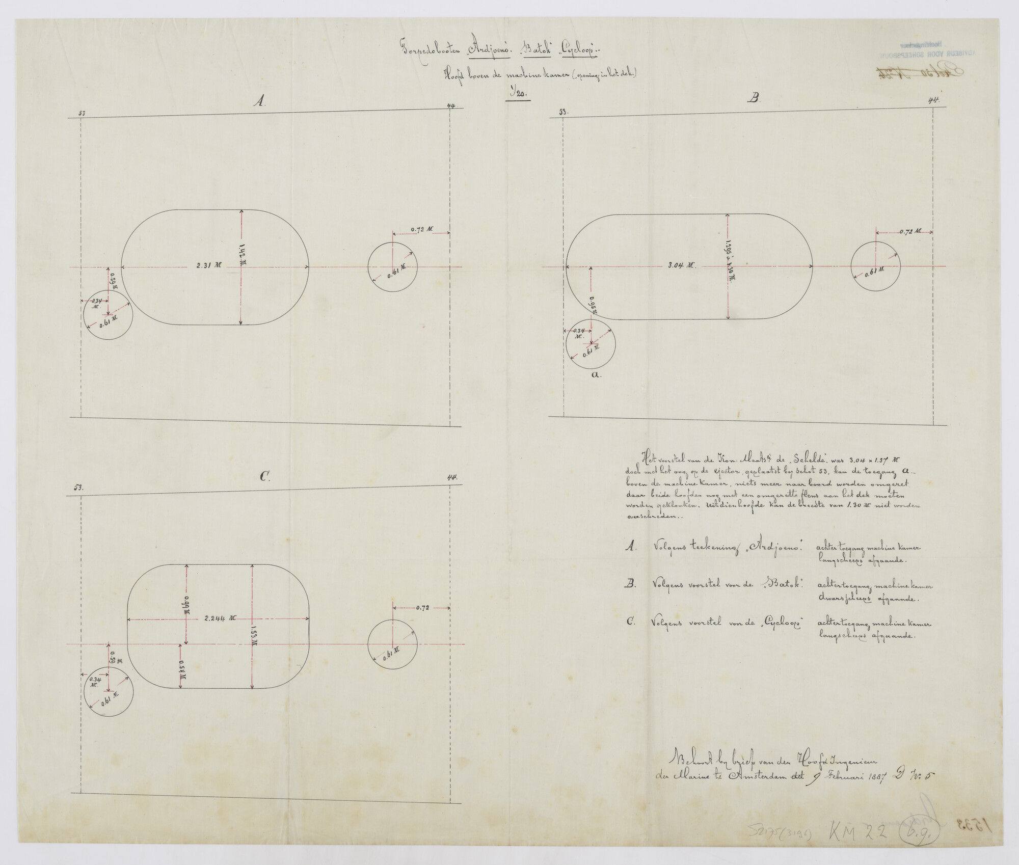 S.2175(3196); Het verschil in de lantaarns van de machinekamer (machinekamerhoofden) aan boord van de torpedoboten Zr.Ms. 'Ardjoeno' [...]; technische tekening