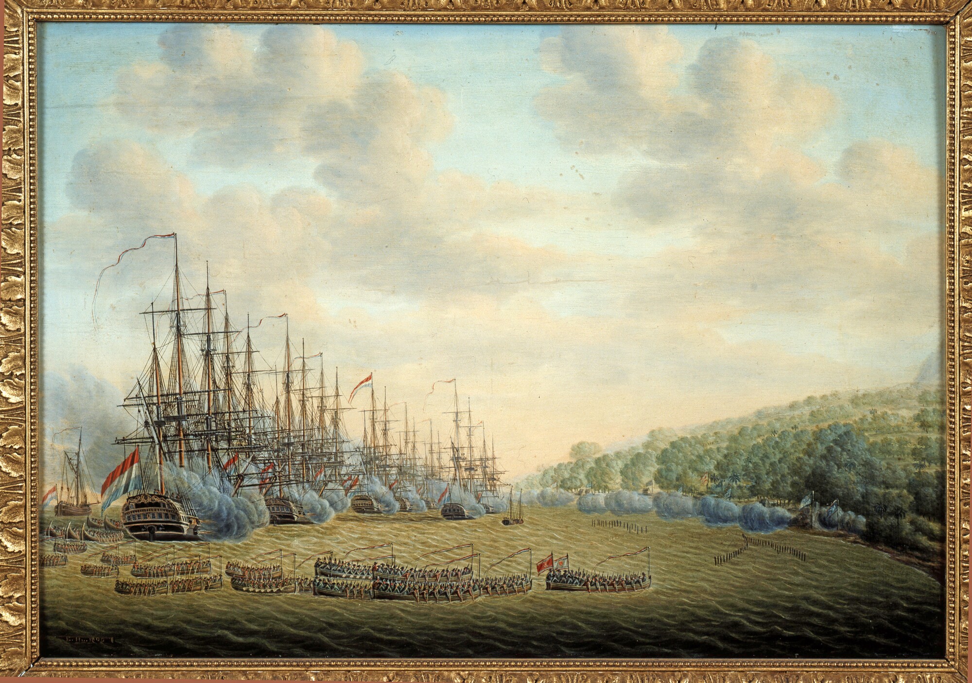 A.1245(02); Landing van 's Lands eskader onder commando van kapitein J.P. van Braam op de kust van Malakka; schilderij