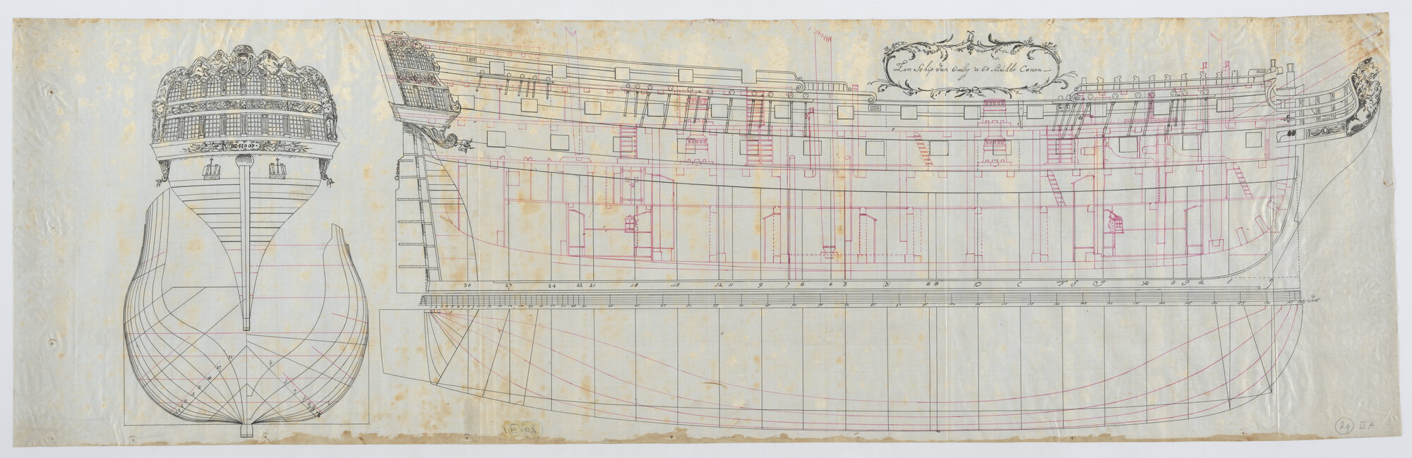 S.1156(05)0146; Lijnenplan van het linieschip De Hoop, 68 stukken; technische tekening
