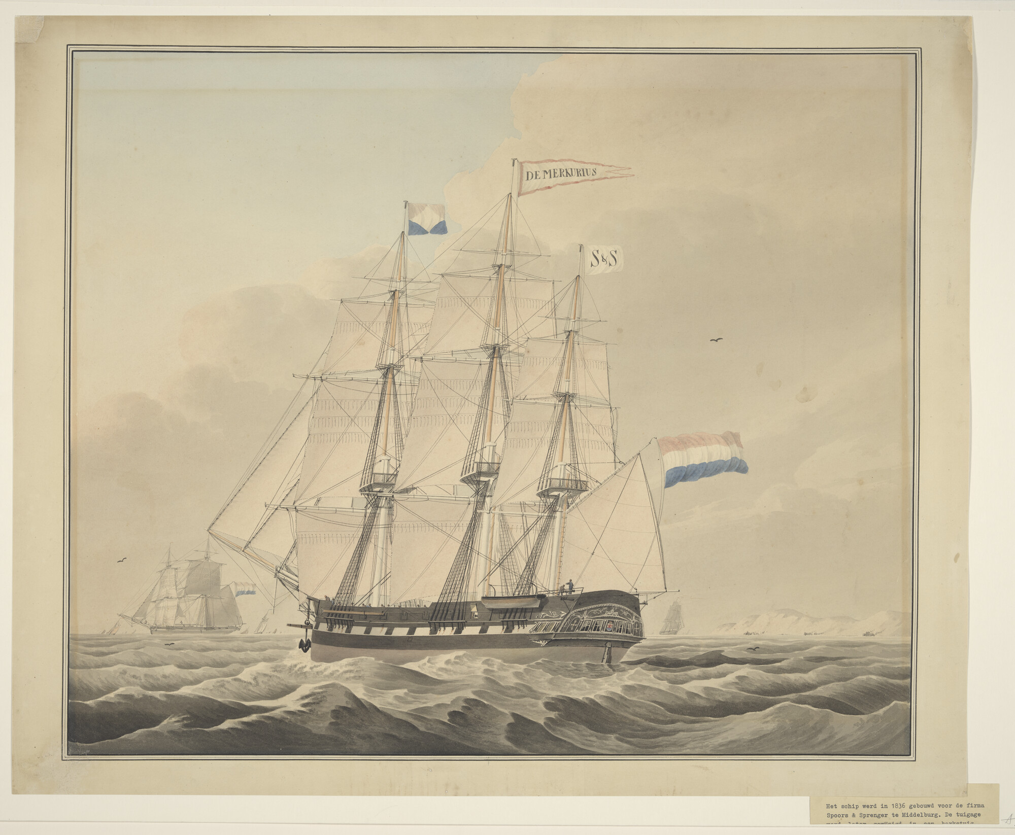 A.0905; Het koopvaardijfregat Mercurius; tekening