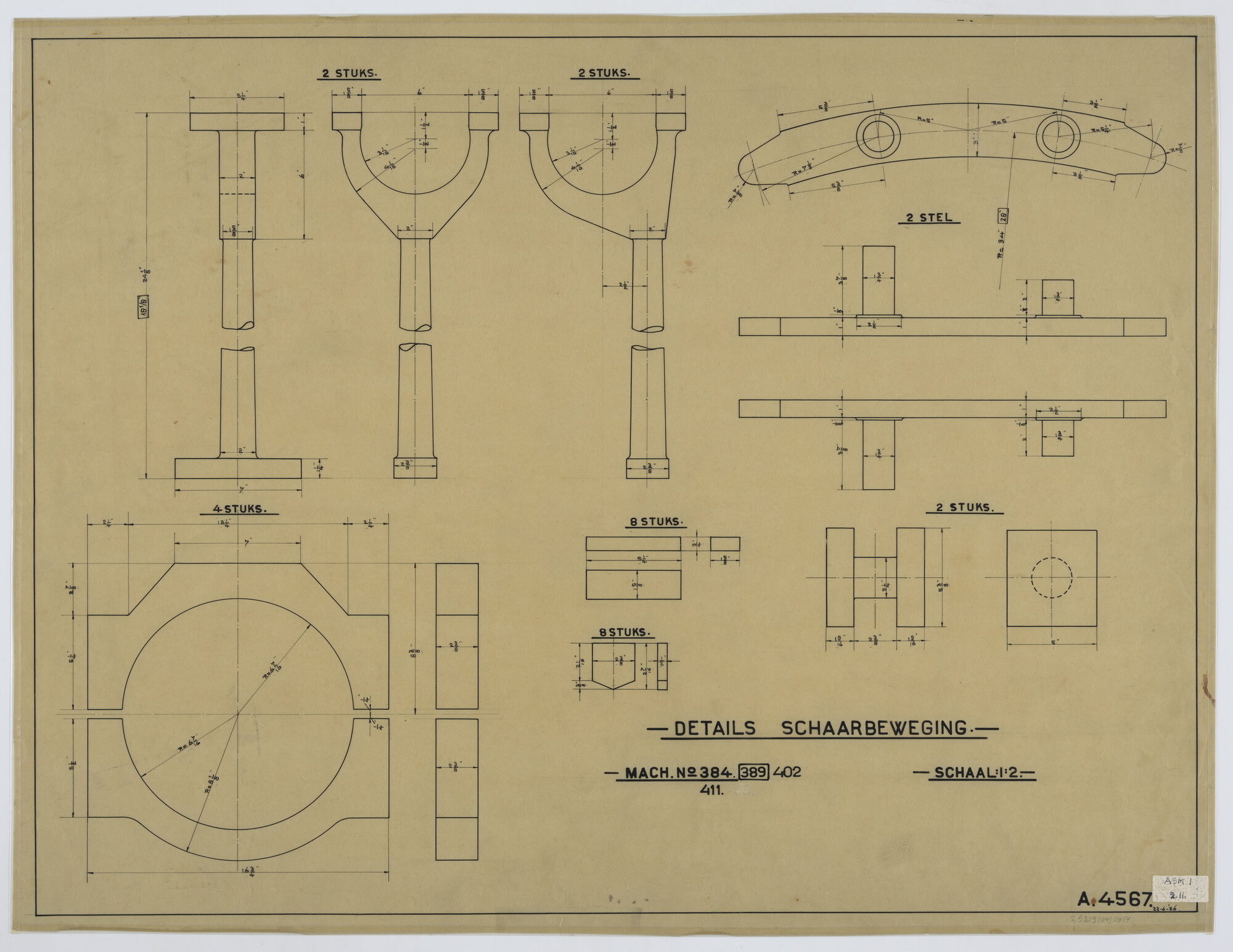 S.5219(04)0014; Details Schaarbeweging van machine nr 384, 389, 402, 411; technische tekening