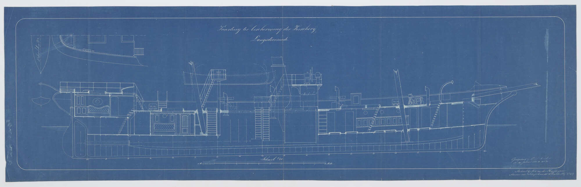 S.2175(4181); Langsdoorsnede en [ged.] bovenaanzicht van Zr.Ms. 'Dolfijn'; technische tekening