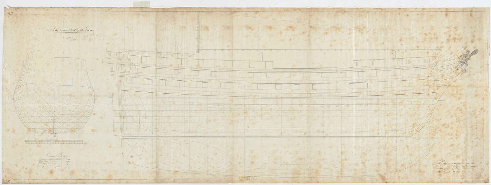 S.2246(02); Lijnenplan van het van het linieschip 'Zeeuw' van 84 stukken; technische tekening