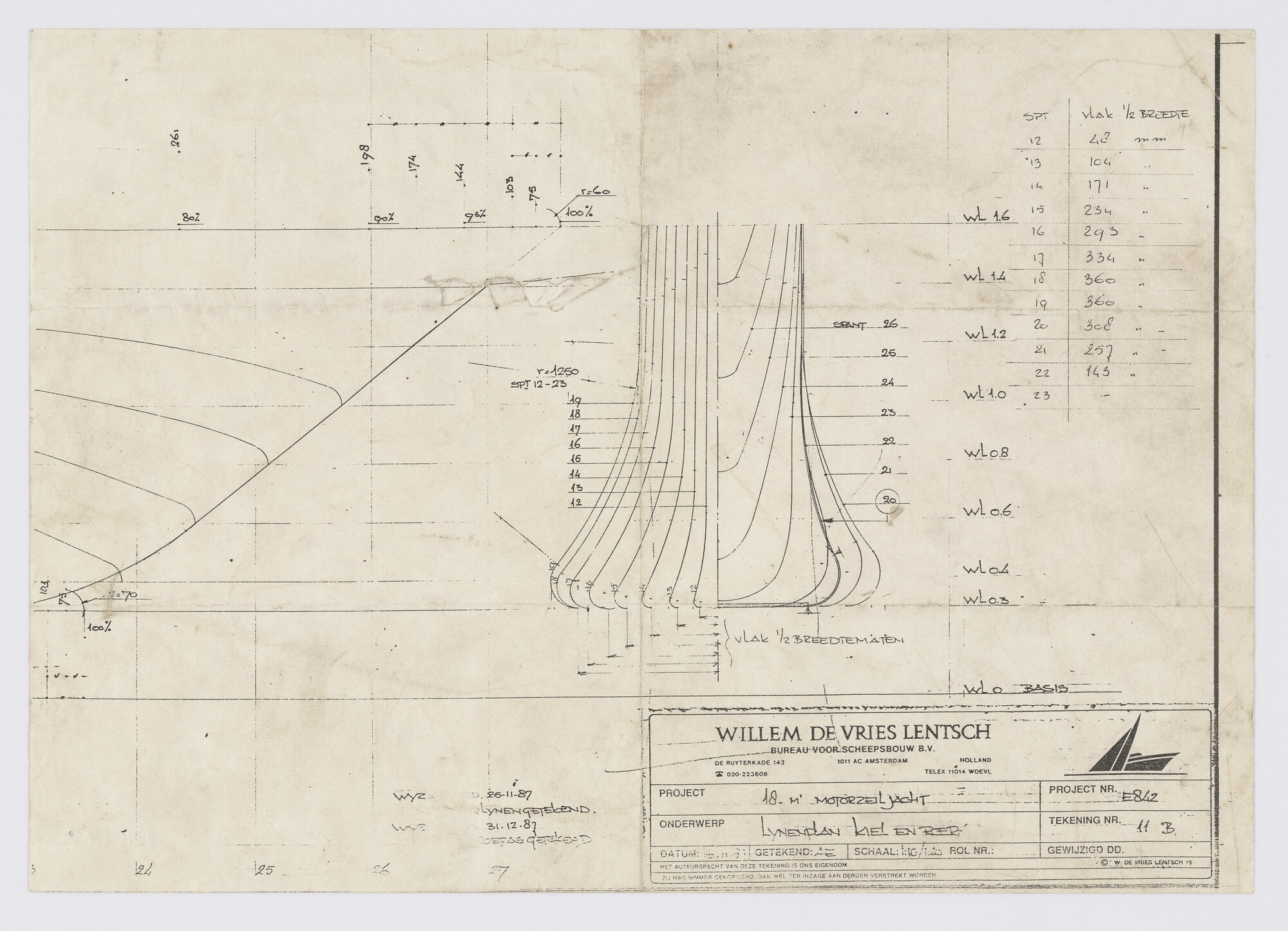 2010.0032; Lijnenplan kiel en roer van een 18 meter motorzeiljacht; technische tekening