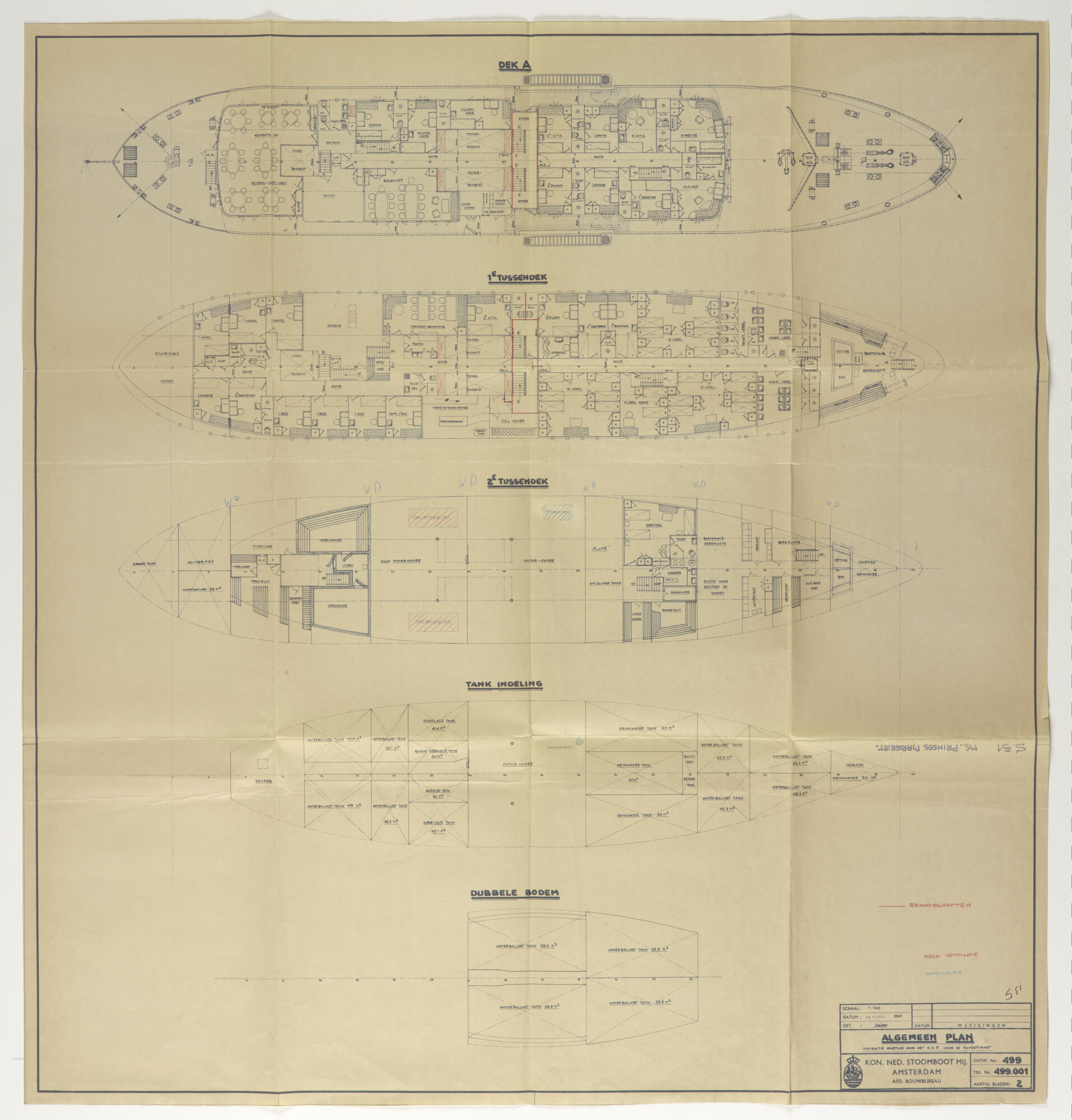 2016.1518; Algemeen plan voor instructievaartuig Prinses Margriet voor het Koninklijk Onderwijsfonds voor de Scheepvaart (KOFS); technische tekening