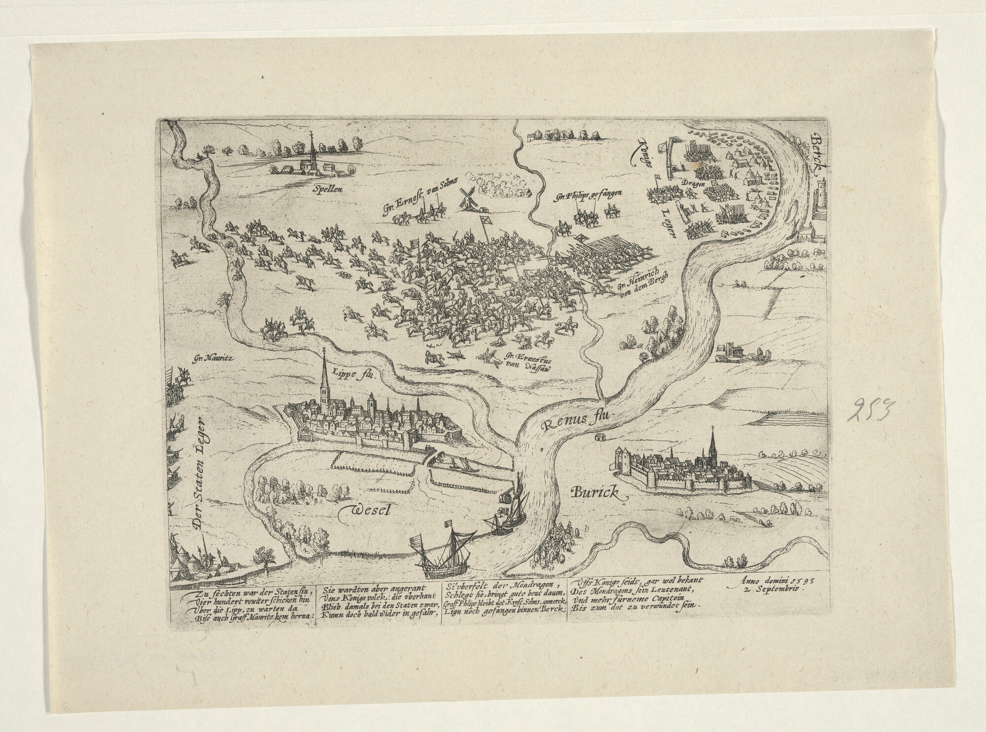 A.0145(027)316; Het Staatse leger bij Wezel verslagen, 2 september 1595; prent