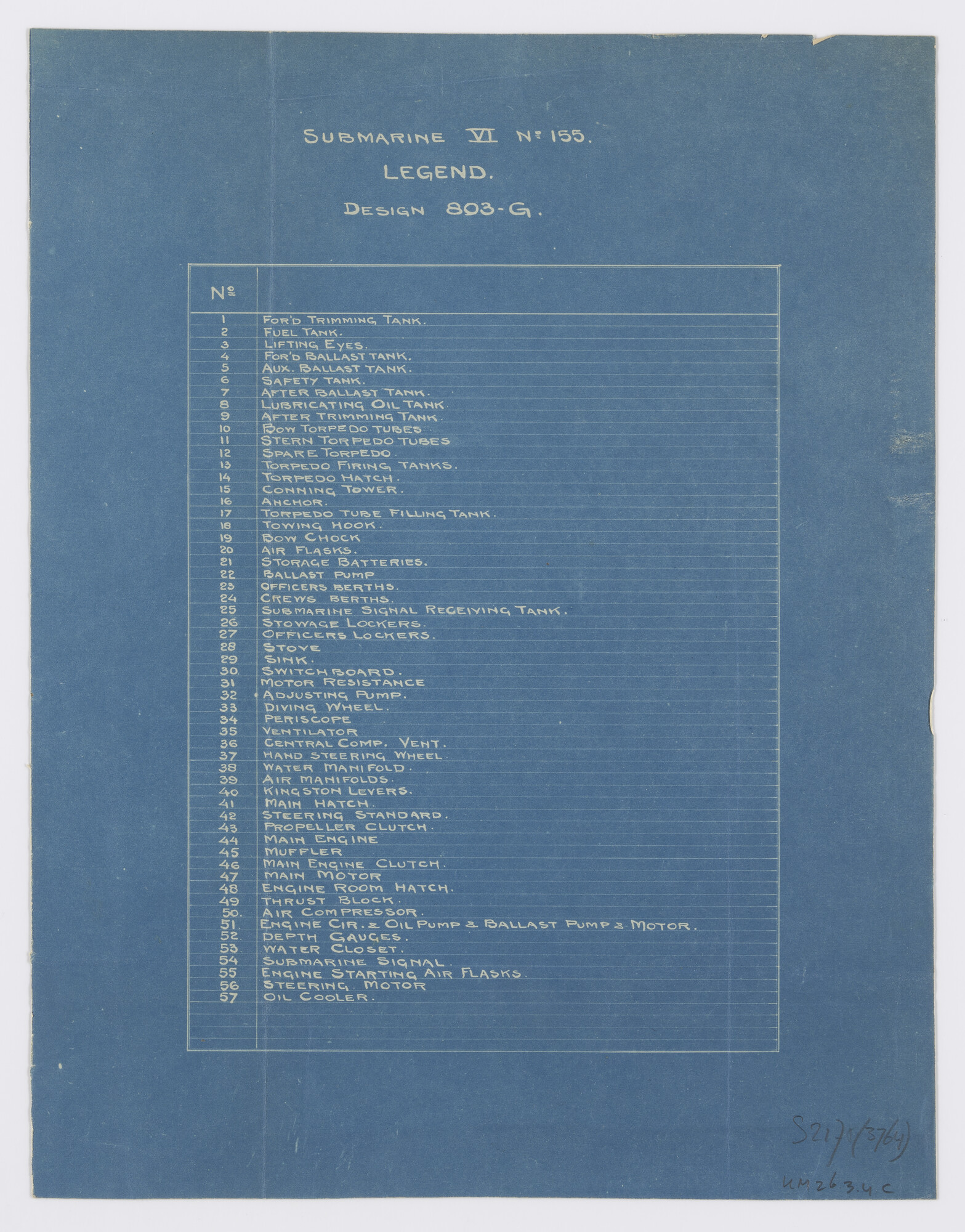 S.2175(3764); Legenda algemeen plan van de onderzeeboot Hr.Ms. 'O 6'; technische tekening