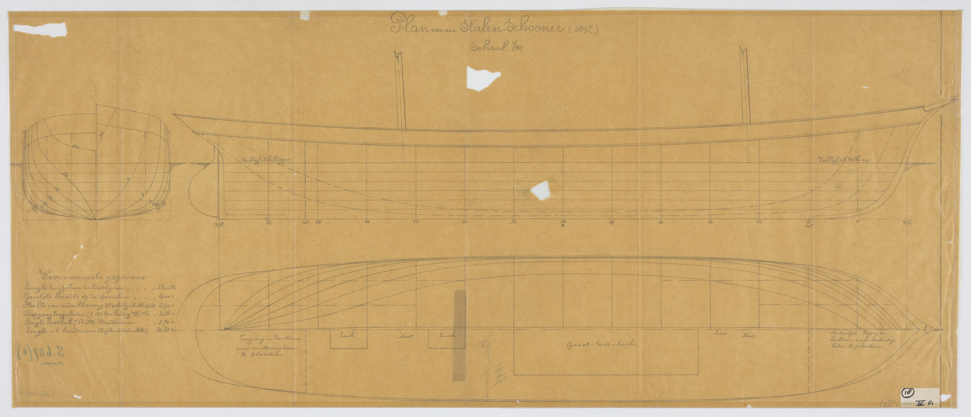 S.0687(02)008; Stalen loodsschoener 1897: zijaanzicht, bovenaanzicht, vooraanzicht, achteraanzicht, spantenraam, waterlijnen, verticalen, zijaanzicht, met zeilplan; technische tekening
