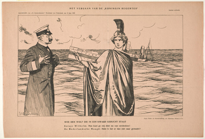 1990.0978; Het vergaan van de 'Koningin Regentes'; prent
