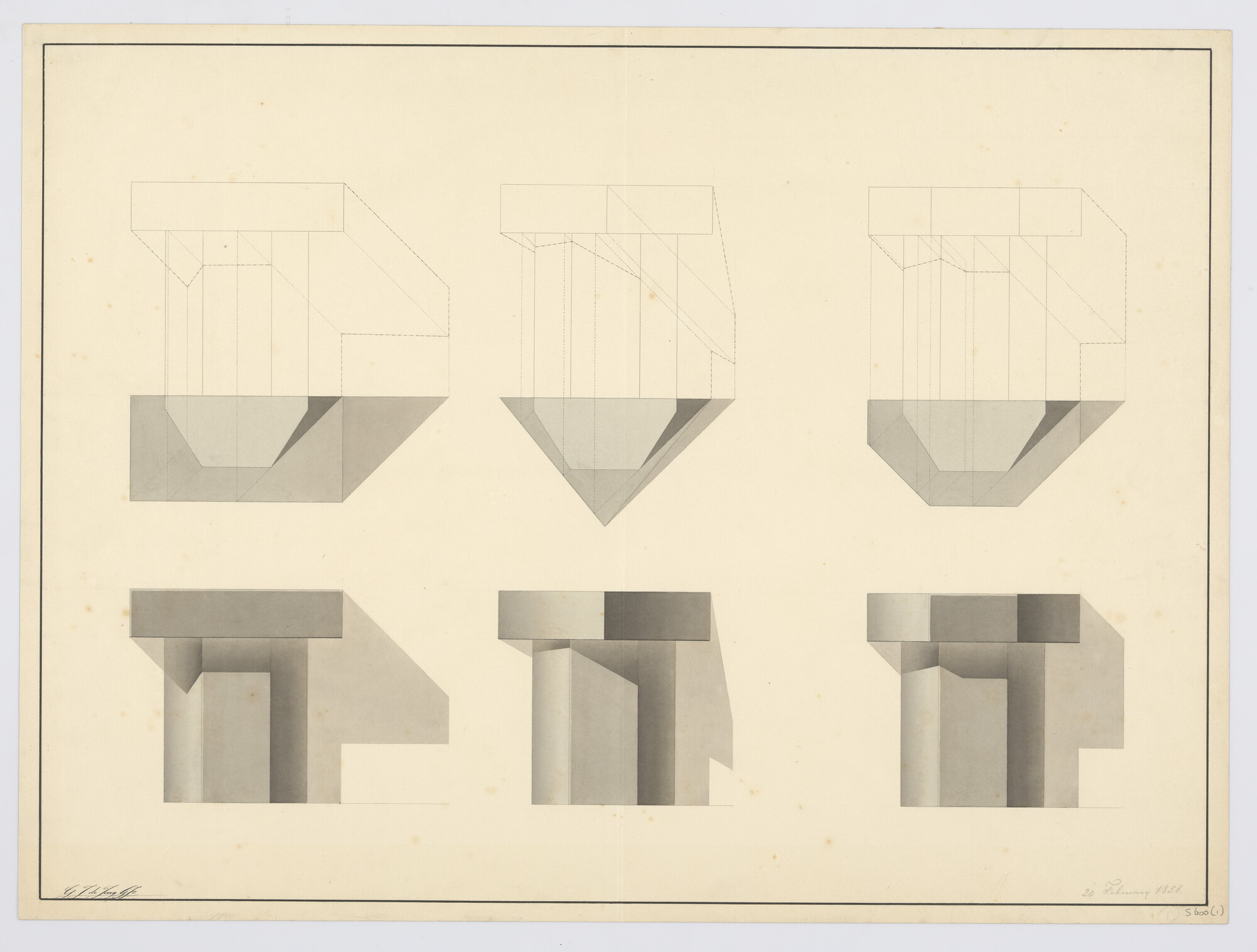 S.0600(01)143; perspectieftekening van een houtverbinding; technische tekening