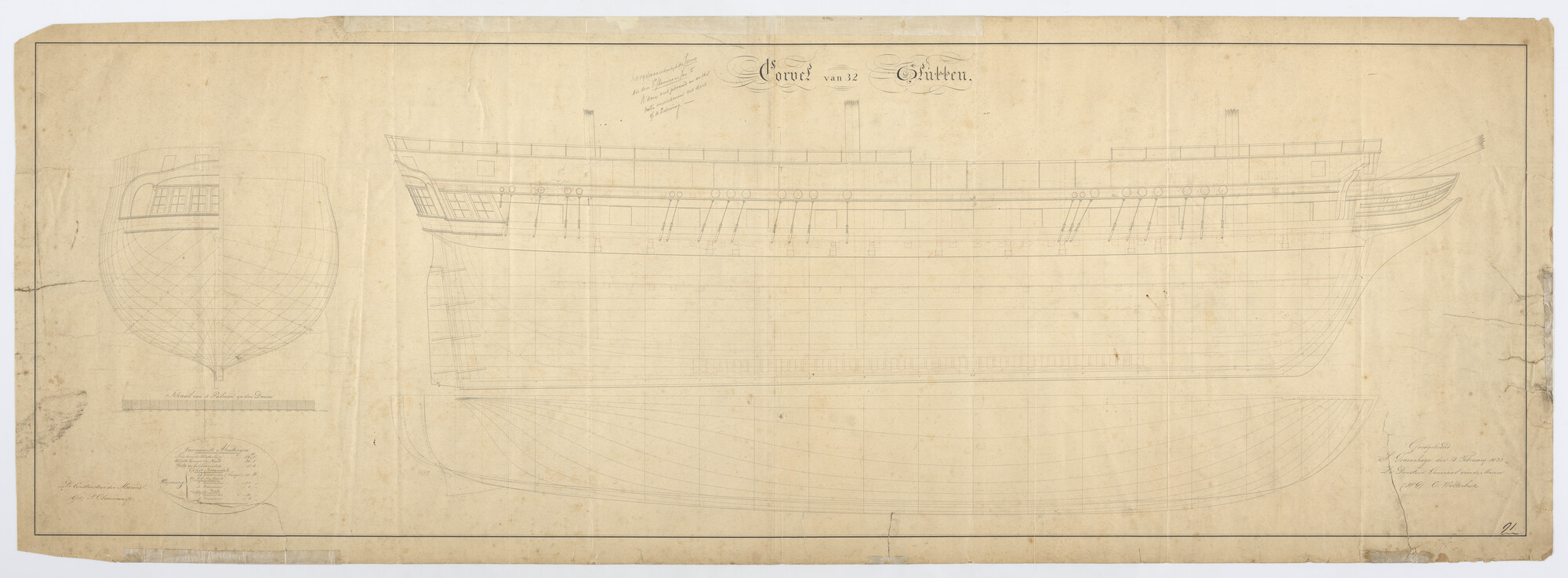 S.1214(0173); Lijnenplan van het korvet Zr.Ms. Juno; technische tekening