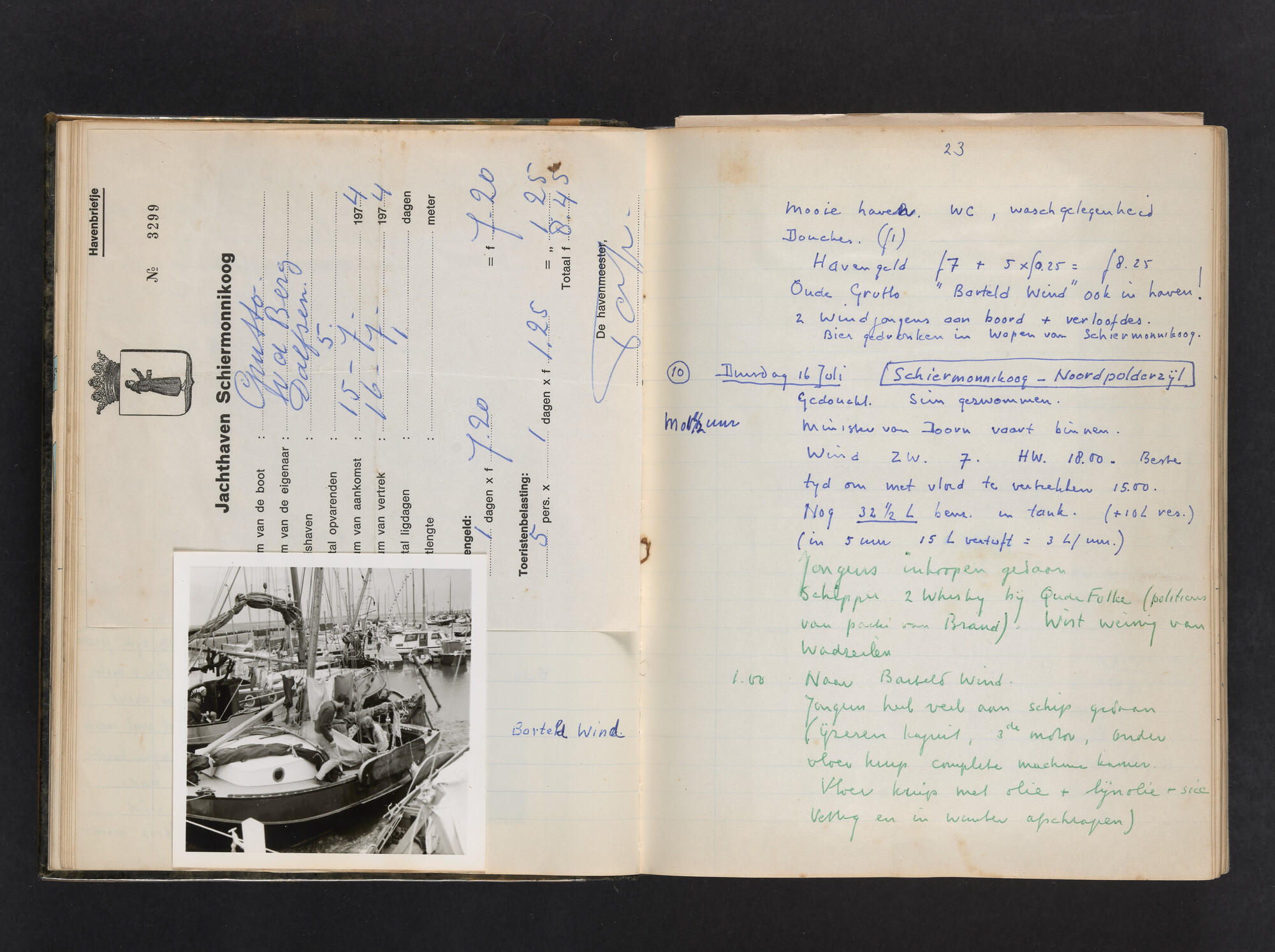 2017.0802; Logboek c.q. fotoalbum van reizen met zeeschouw Grutto (II) in Nederland, Duitsland en Denemarken, 1973-1974; logboek