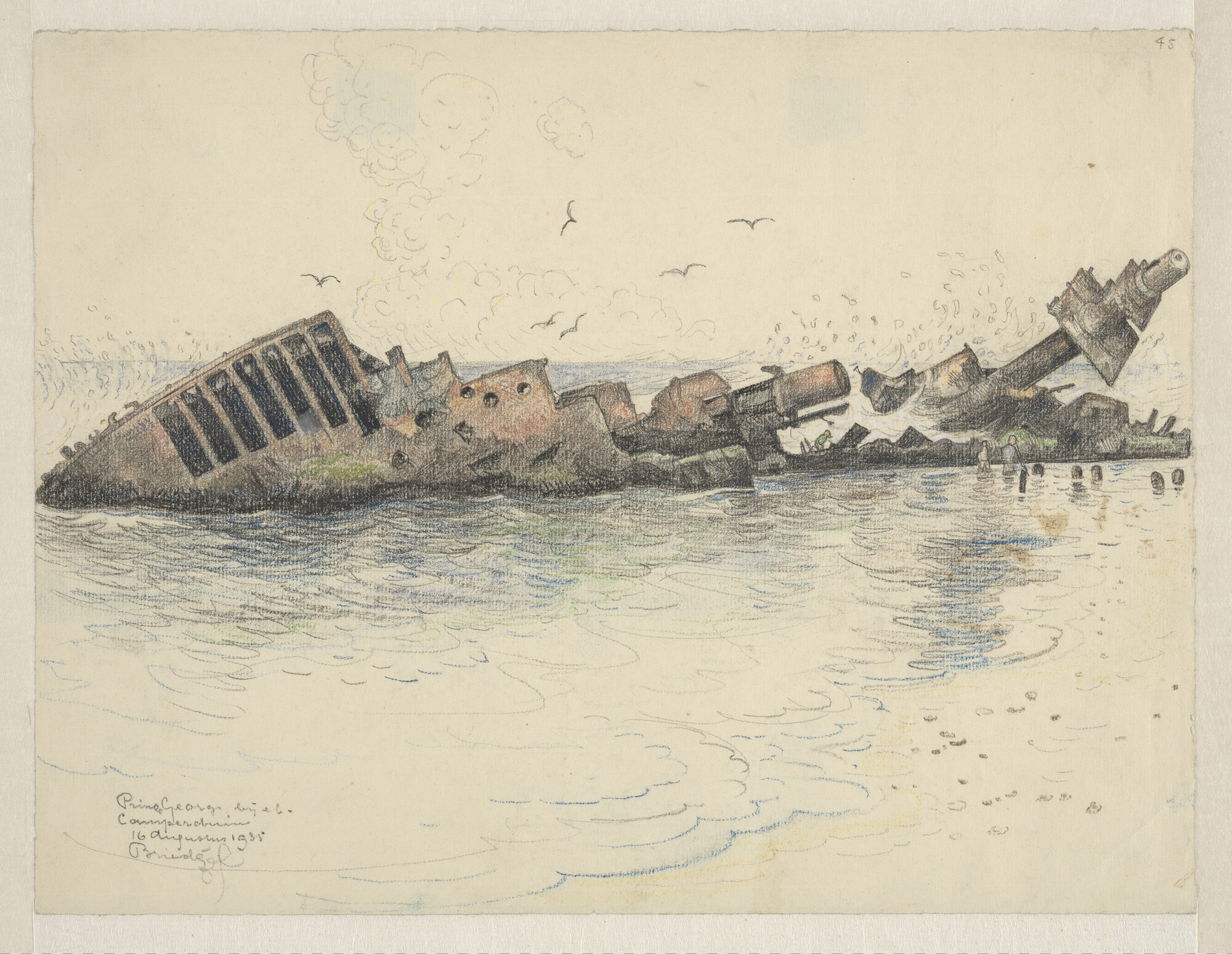 S.4364(10); Het wrak van de Britse kruiser HMS 'Prince George' bij eb op het strand te Kamperduin; tekening