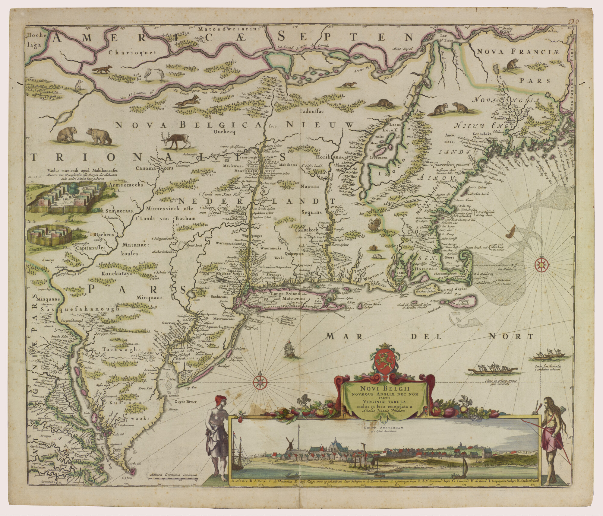 A.0145(064)5; Met de hand gekleurde kaart van Nieuw Nederland, Nieuw Engeland en een deel van Virginia; landkaart