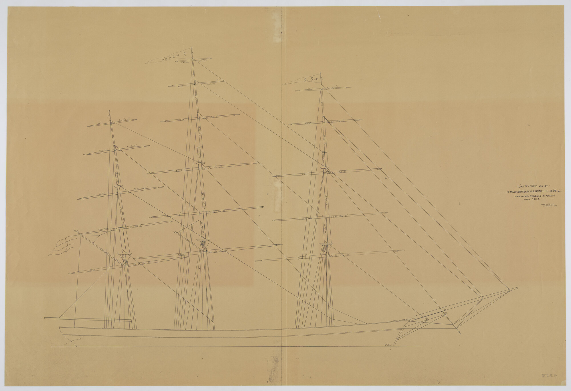 S.1587(1); Klipperschip Noach II 1866 Tuigtekening; technische tekening