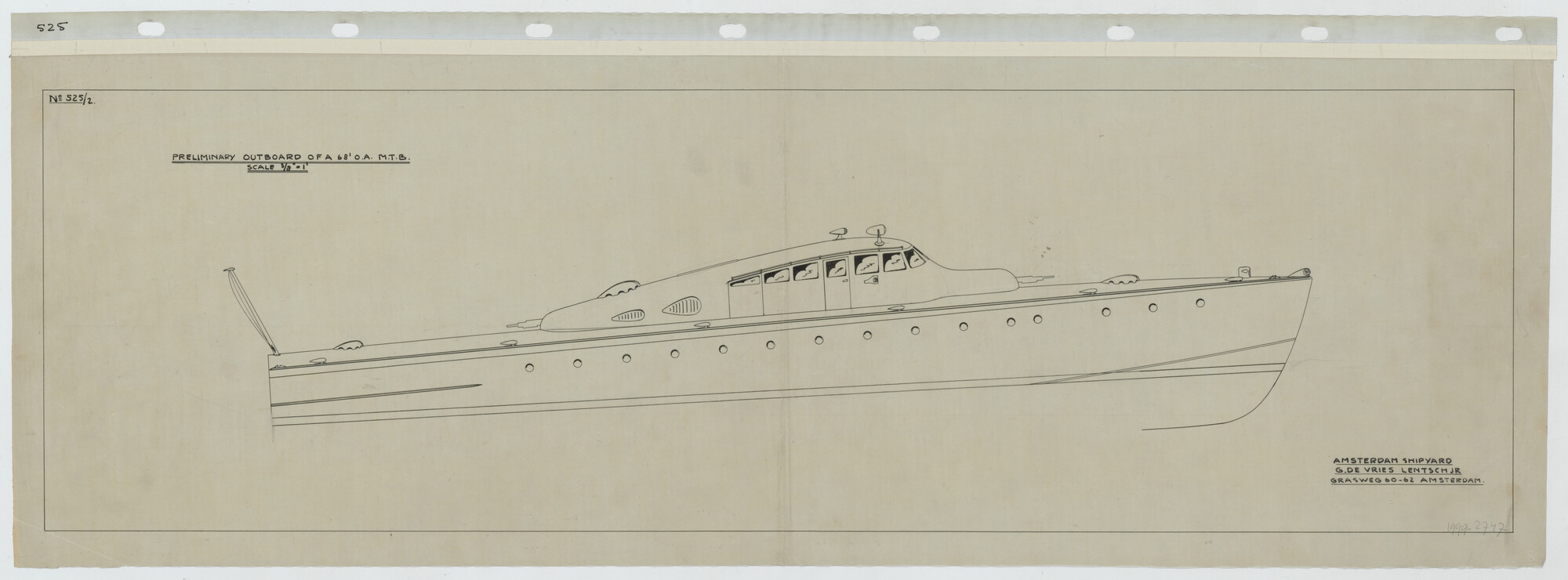 1999.2747; Zijaanzicht van een motortorpedoboot; technische tekening