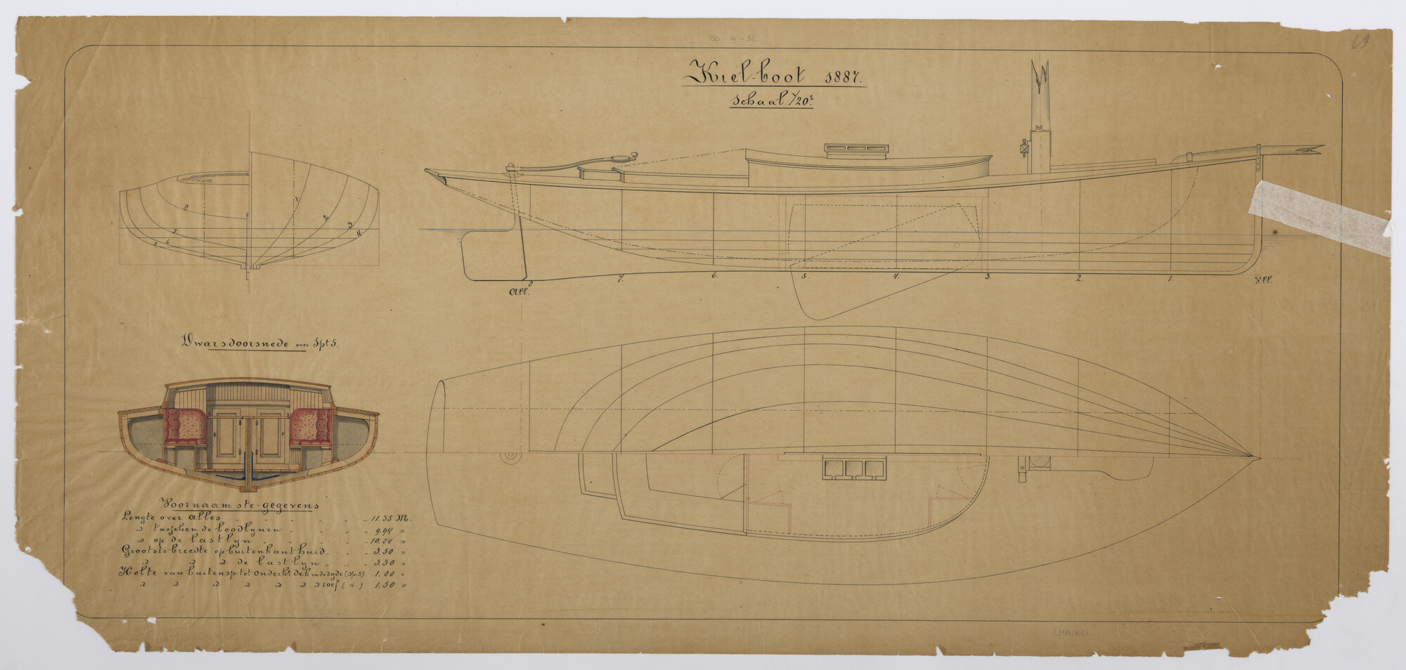 S.5181(603); Lijnenplan van midzwaardzeiljacht 'Nellie'; technische tekening