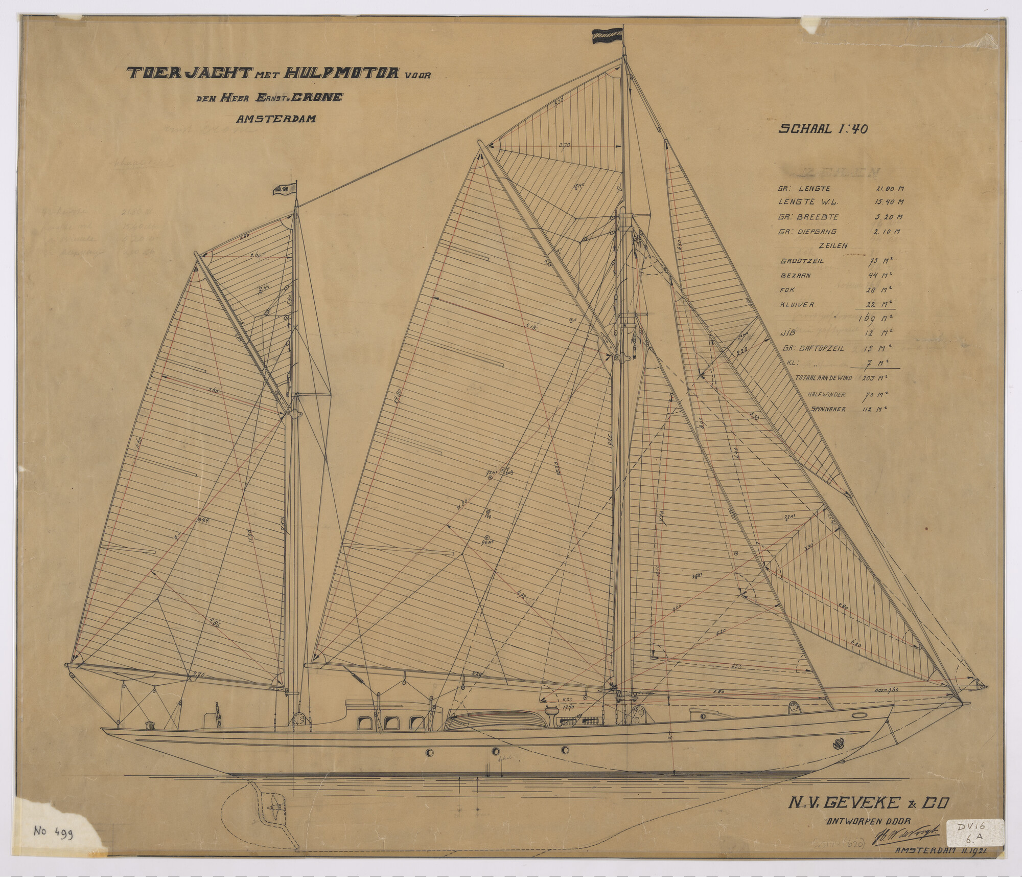 S.5184(620)a; Zeilplannen van het zeiljacht 'Frida'; technische tekening