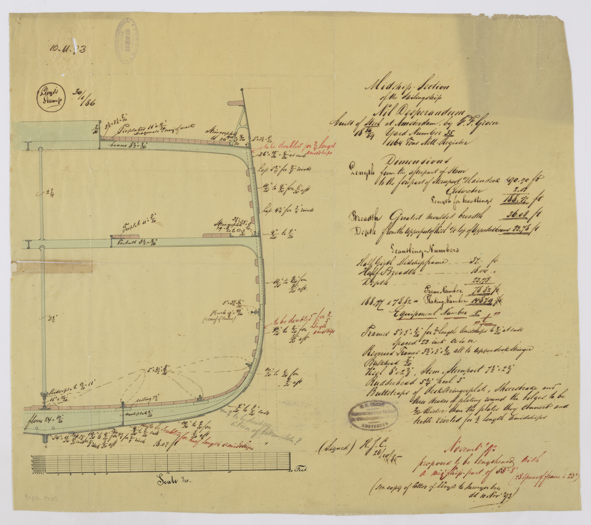 2013.0918; Grootspant van het barkschip Nil Desperandum (Wanhoop Nooit) van 58.18 meter; technische tekening