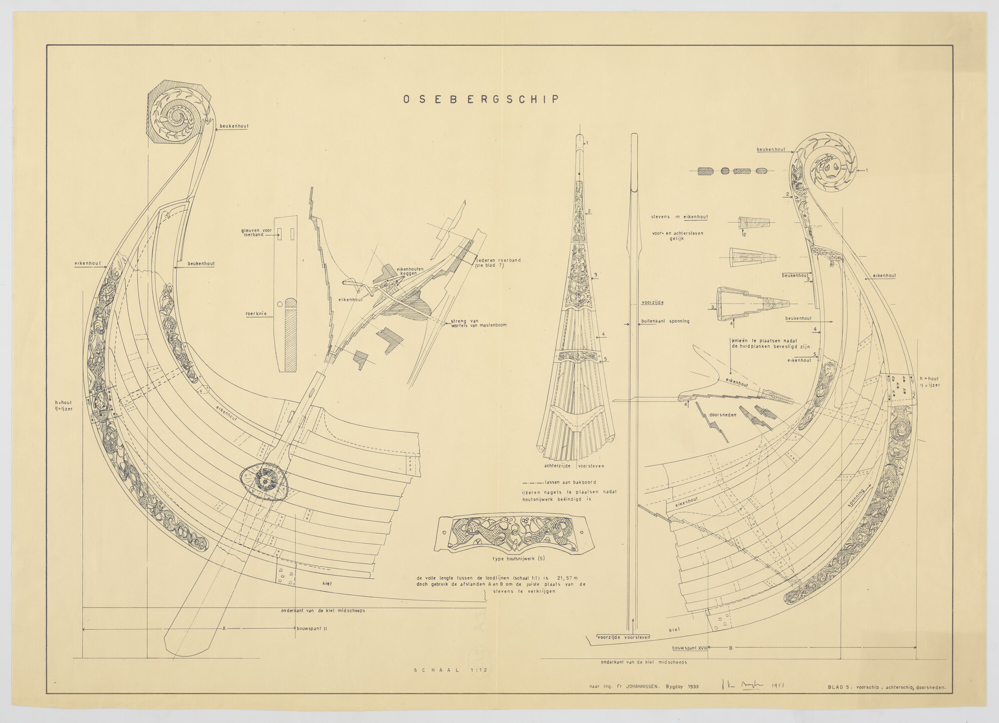 A.3154(04); Reconstructietekening van het 'Osebergschip'; technische tekening